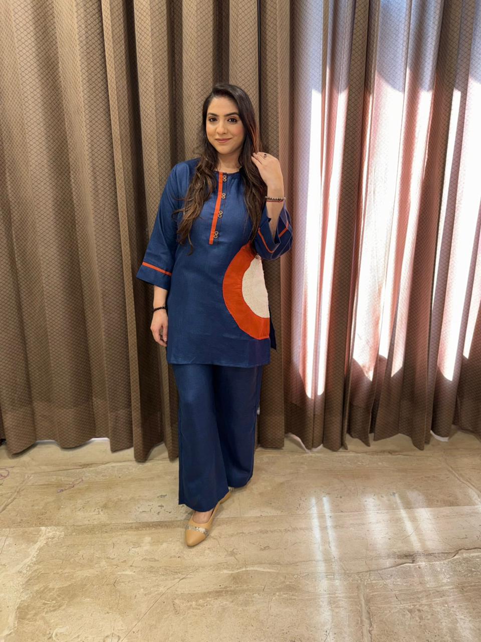 Blue Co-Ord Set with Orange Accent Detail