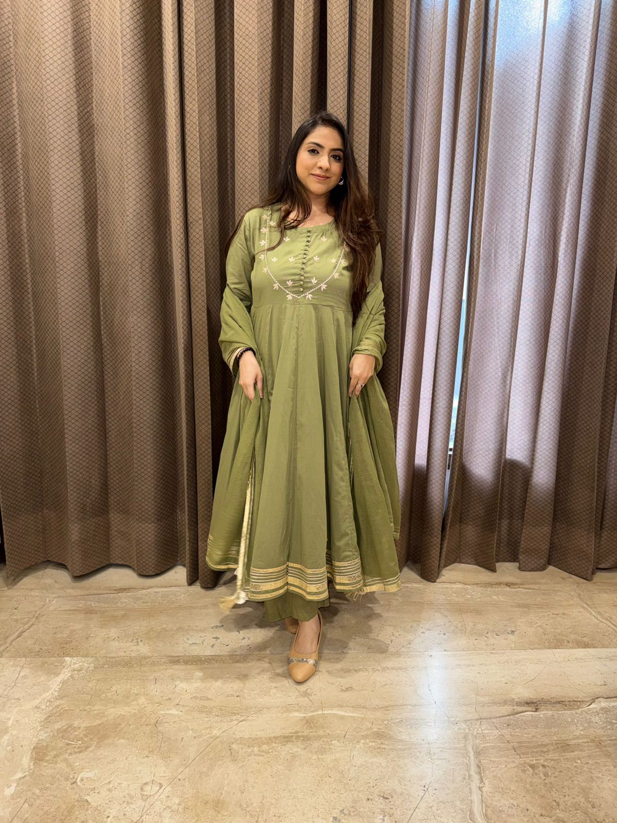 Pista Green Anarkali set with Handwork & gotta Detailing