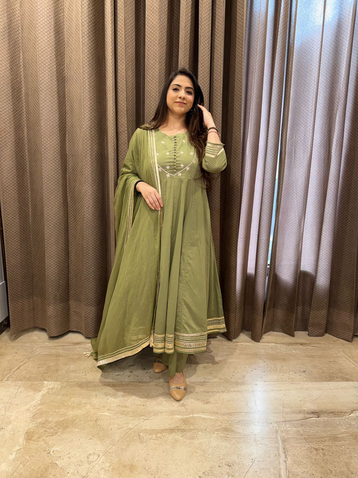 Pista Green Anarkali set with Handwork & gotta Detailing