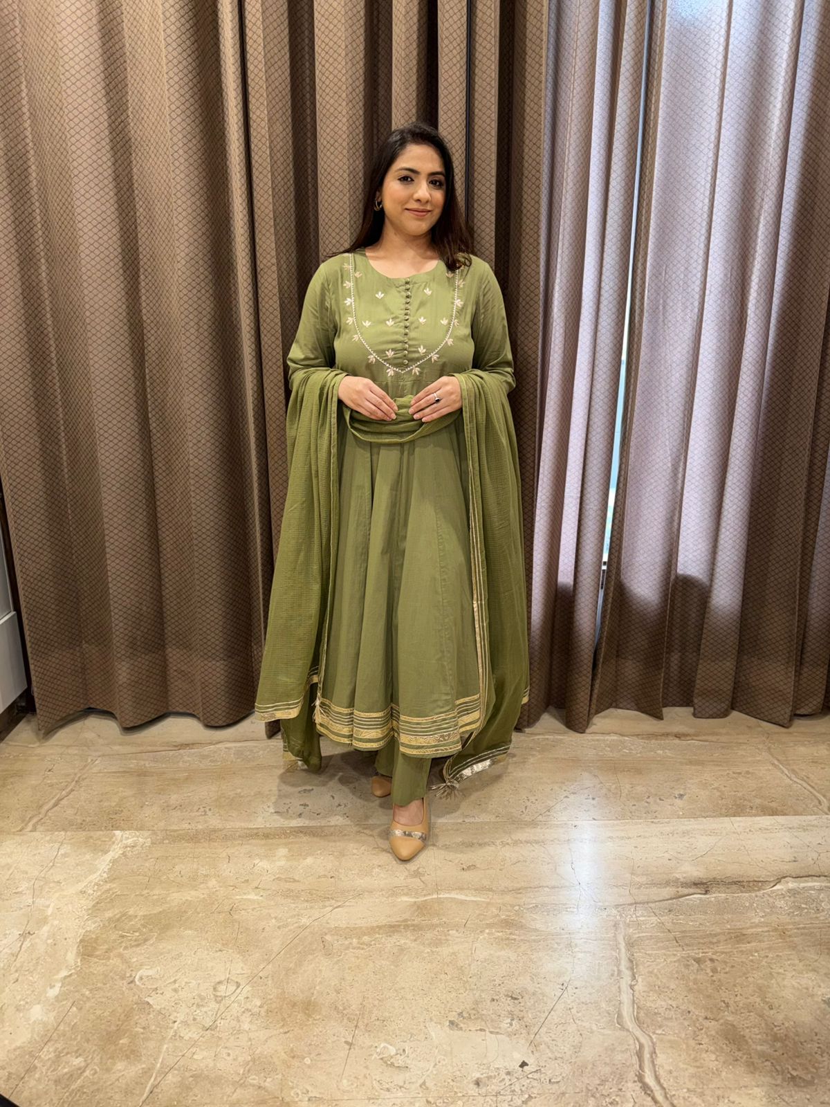 Pista Green Anarkali set with Handwork & gotta Detailing