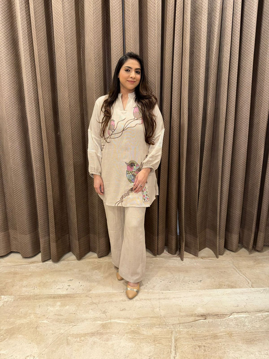 Beige Artistic Bird Jute Co-ord Set