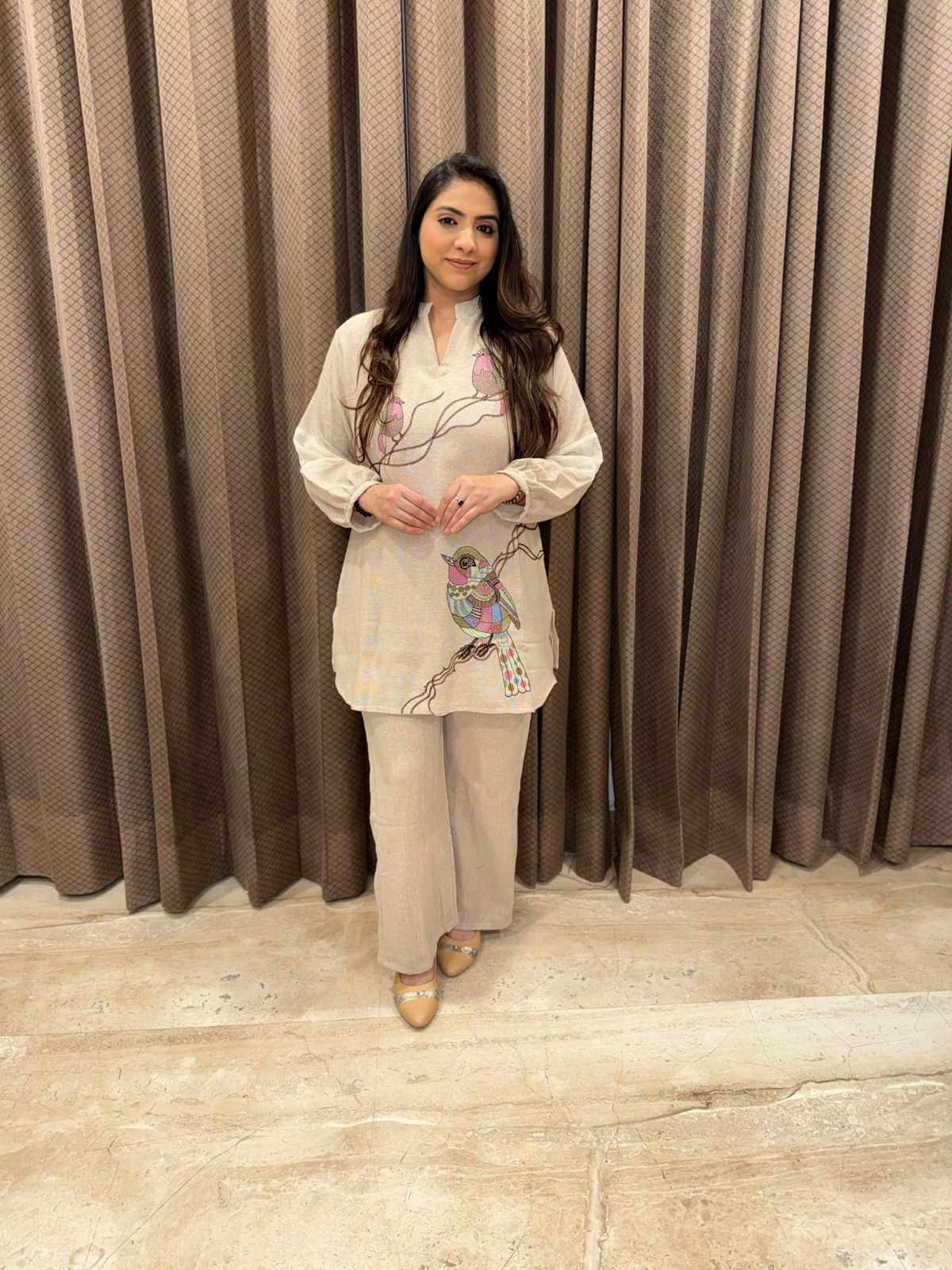 Beige Artistic Bird Jute Co-ord Set