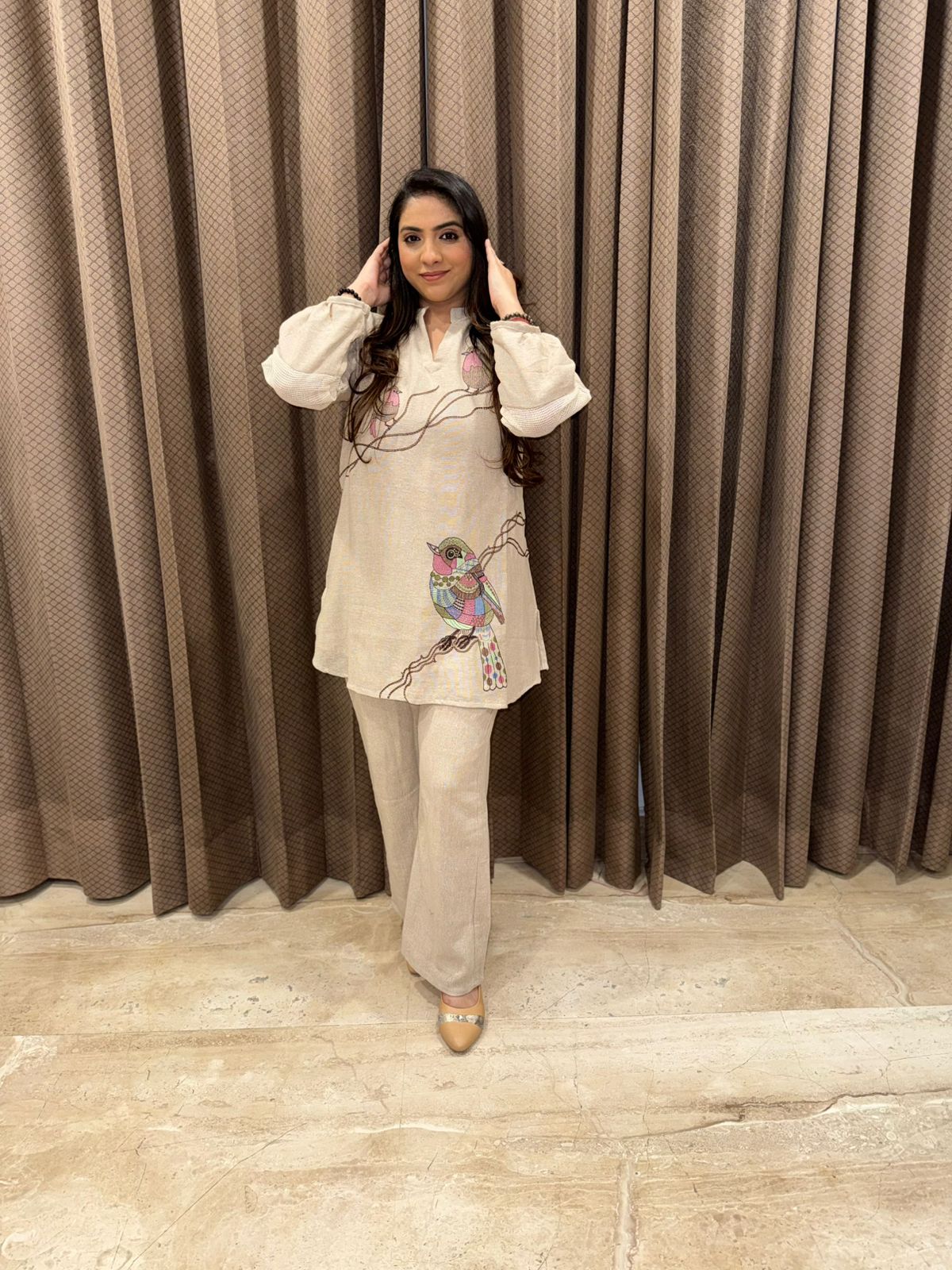 Beige Artistic Bird Jute Co-ord Set
