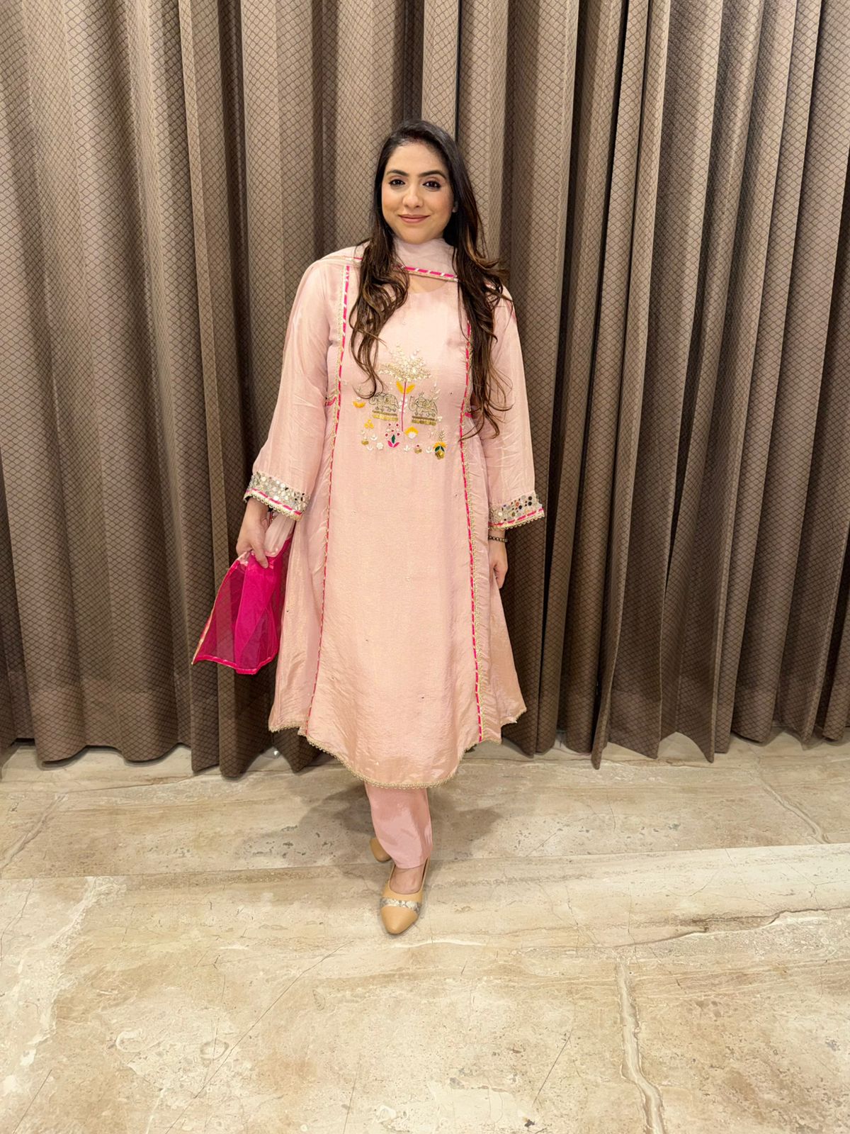 Patel Pink Handwork Kurta Set with Contrast Dupatta