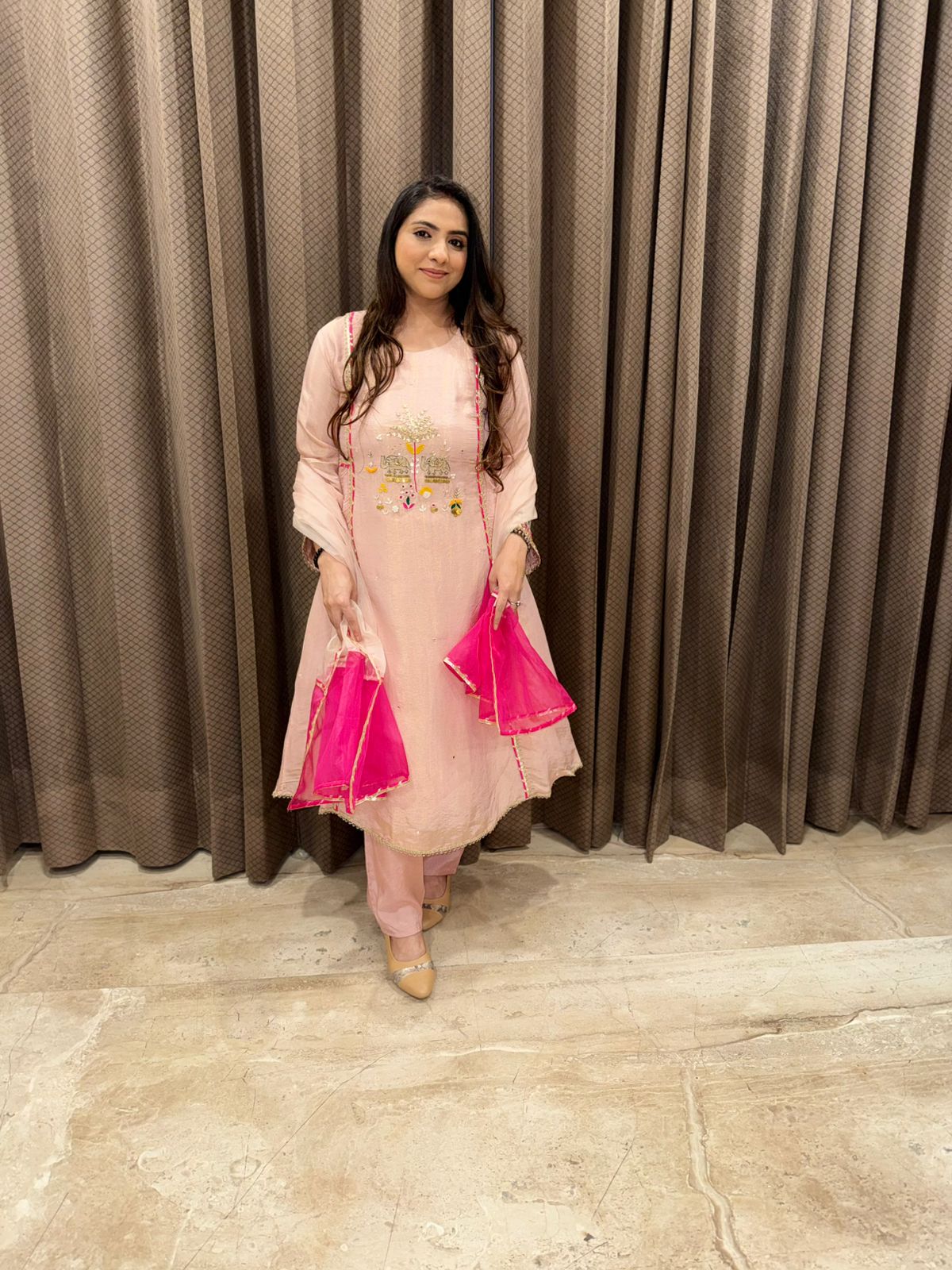 Patel Pink Handwork Kurta Set with Contrast Dupatta