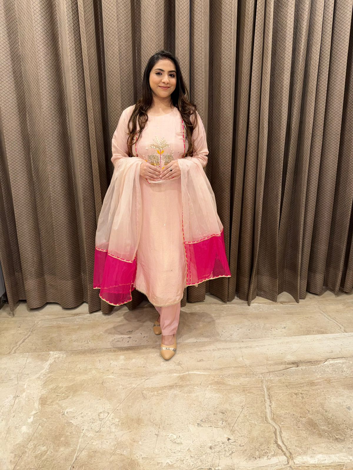 Patel Pink Handwork Kurta Set with Contrast Dupatta
