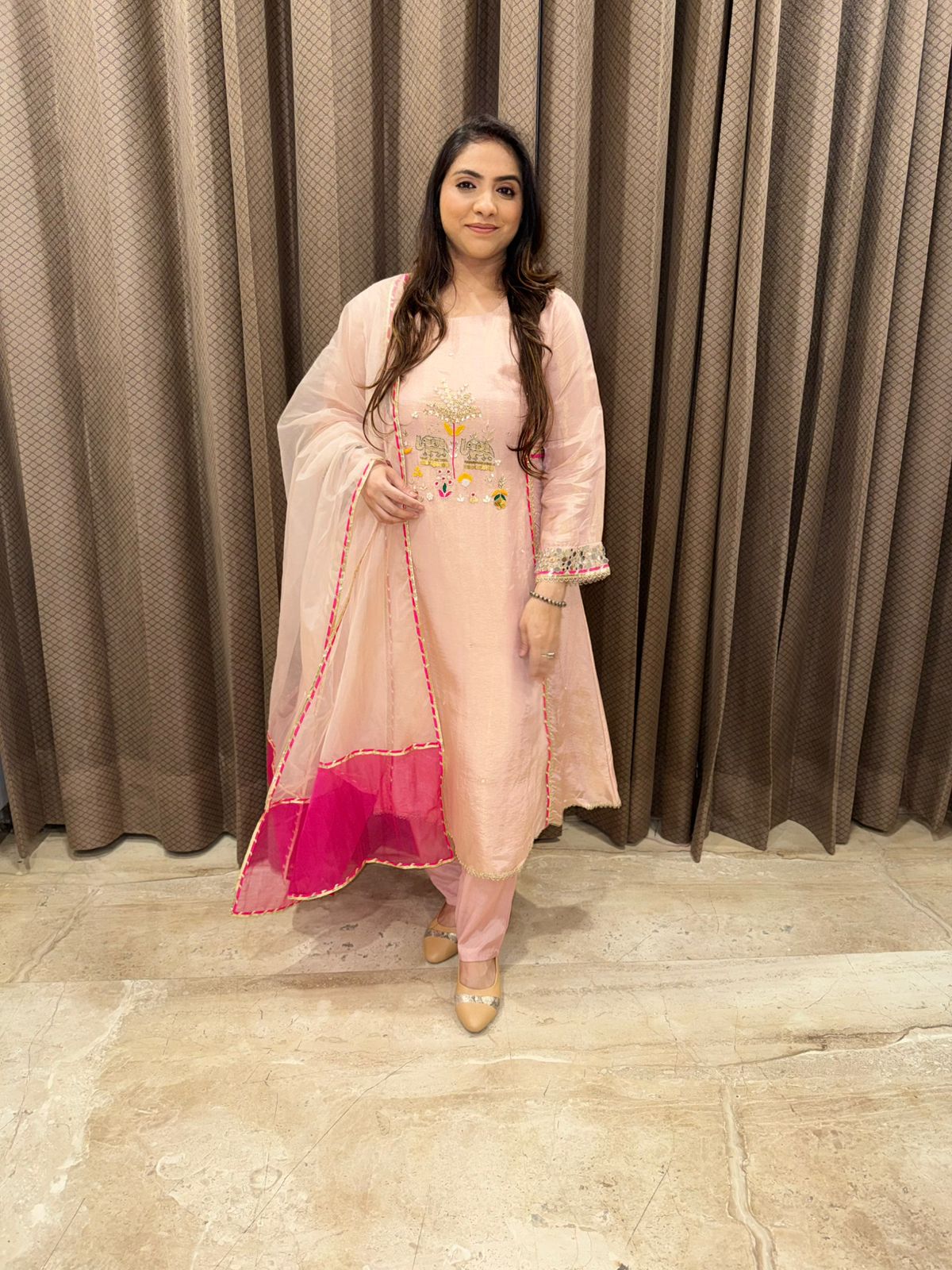 Patel Pink Handwork Kurta Set with Contrast Dupatta