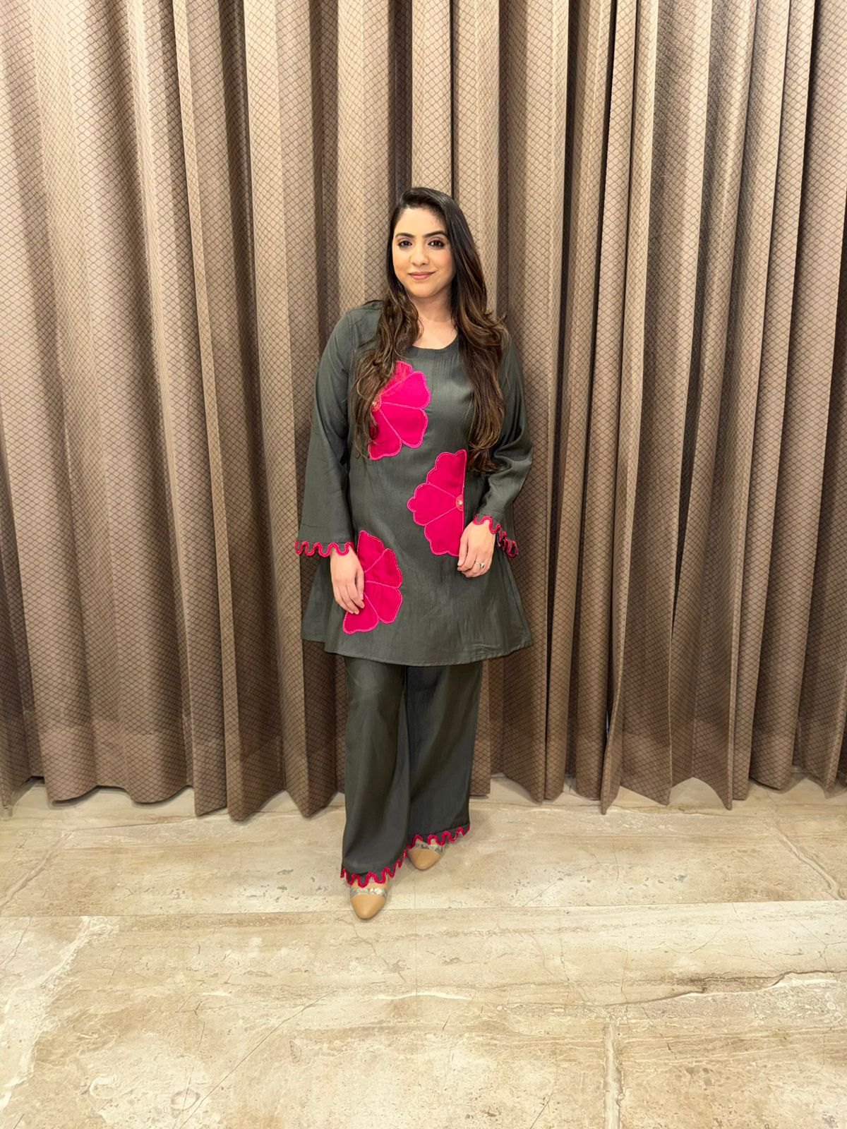 Charcoal Grey with Pink Floral Co-ord Set