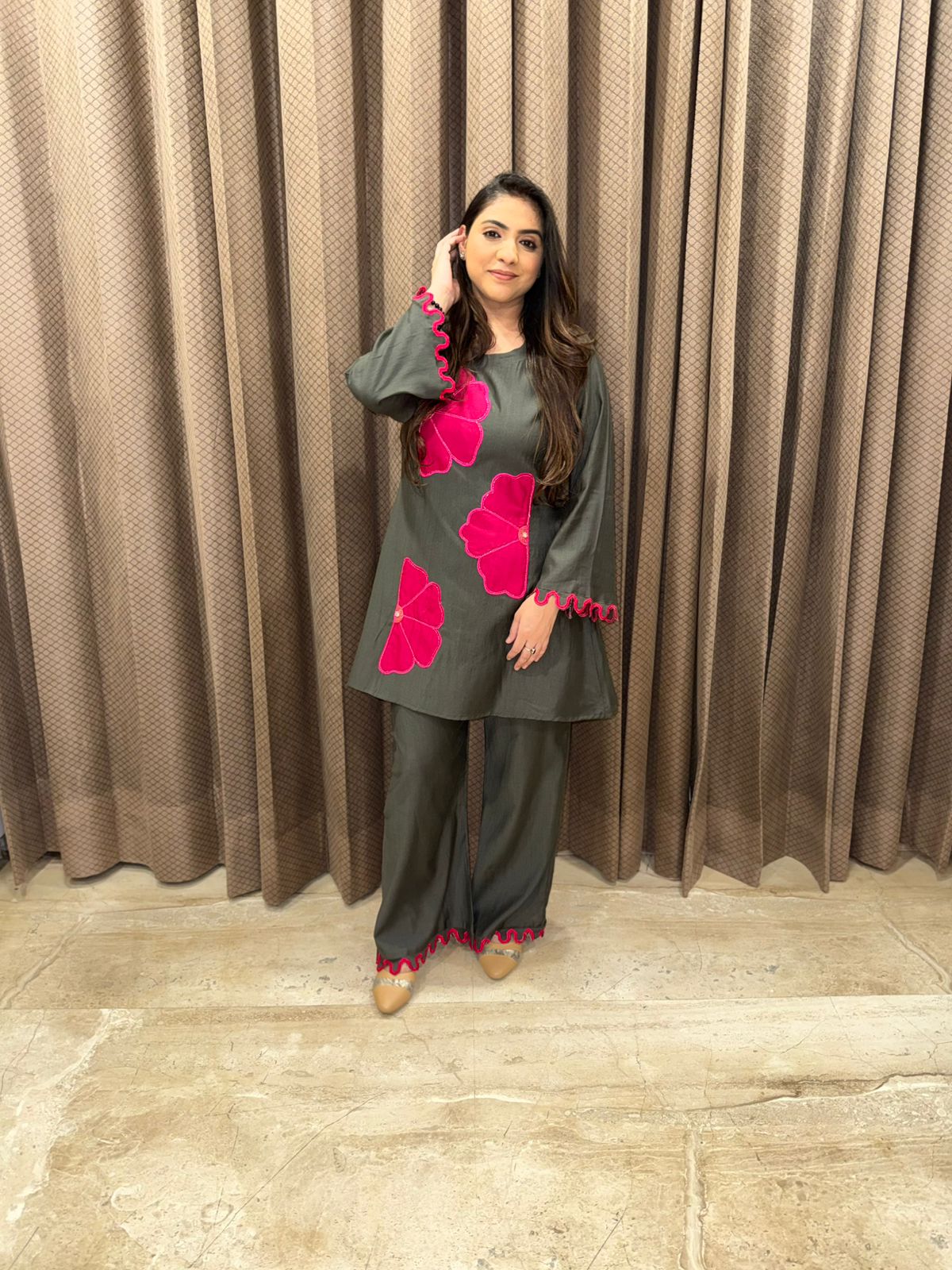Charcoal Grey with Pink Floral Co-ord Set