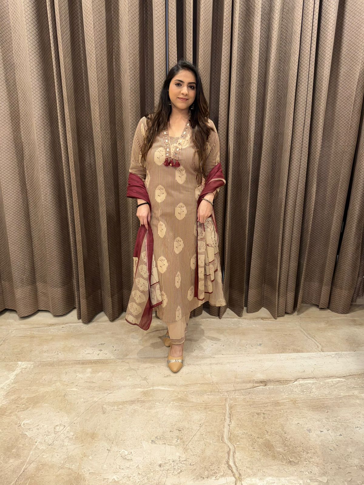 Maroon & beige Stripe designer Cotton suit