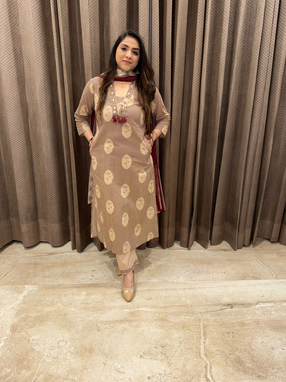 Maroon & beige Stripe designer Cotton suit