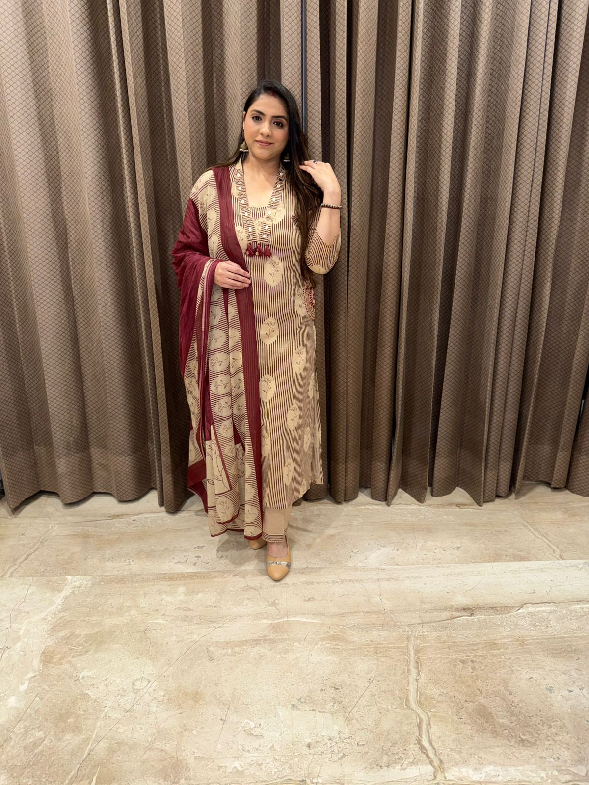 Maroon & beige Stripe designer Cotton suit