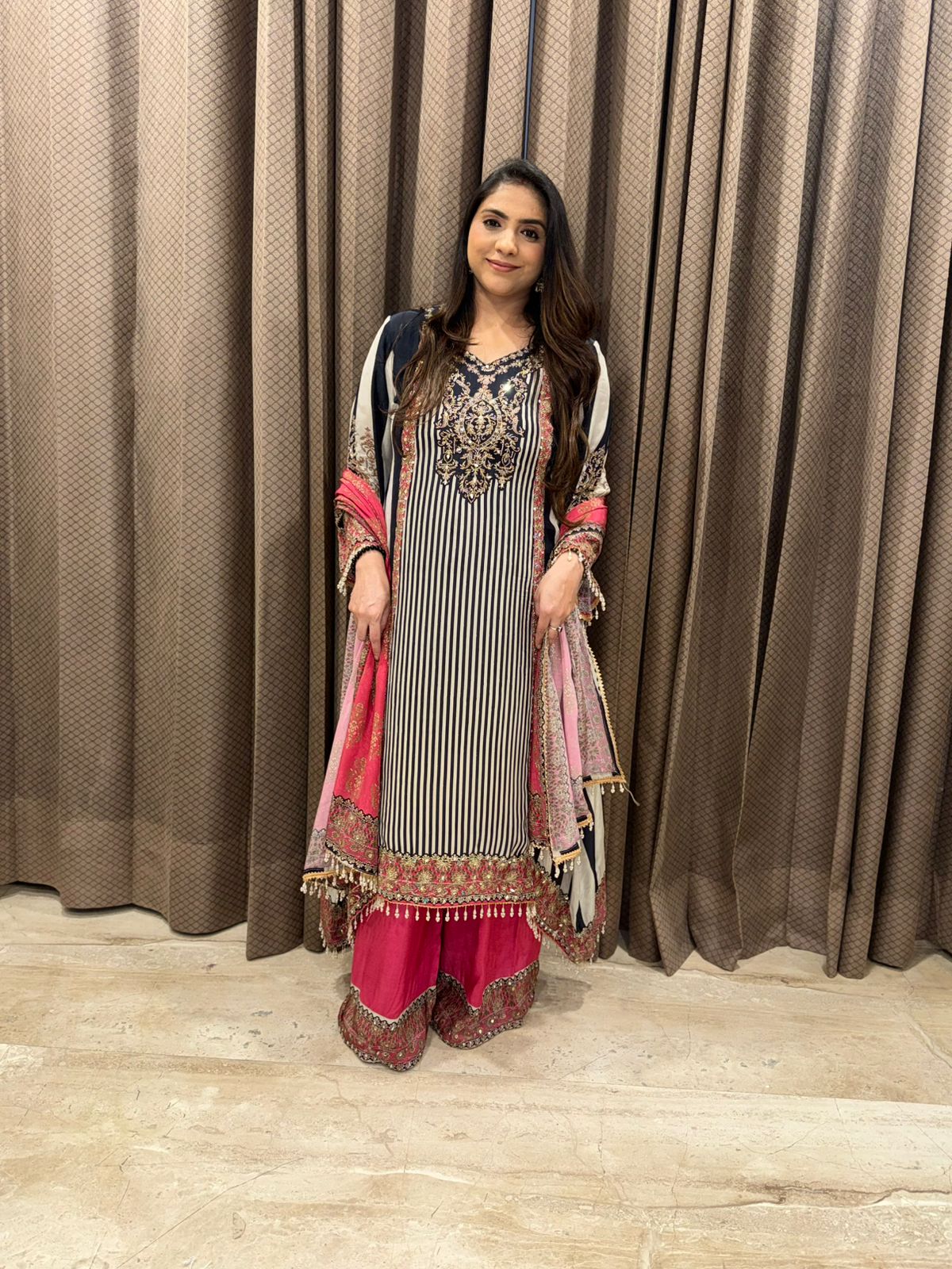 Black & pink Digital Handwork Palazoo set with dupatta