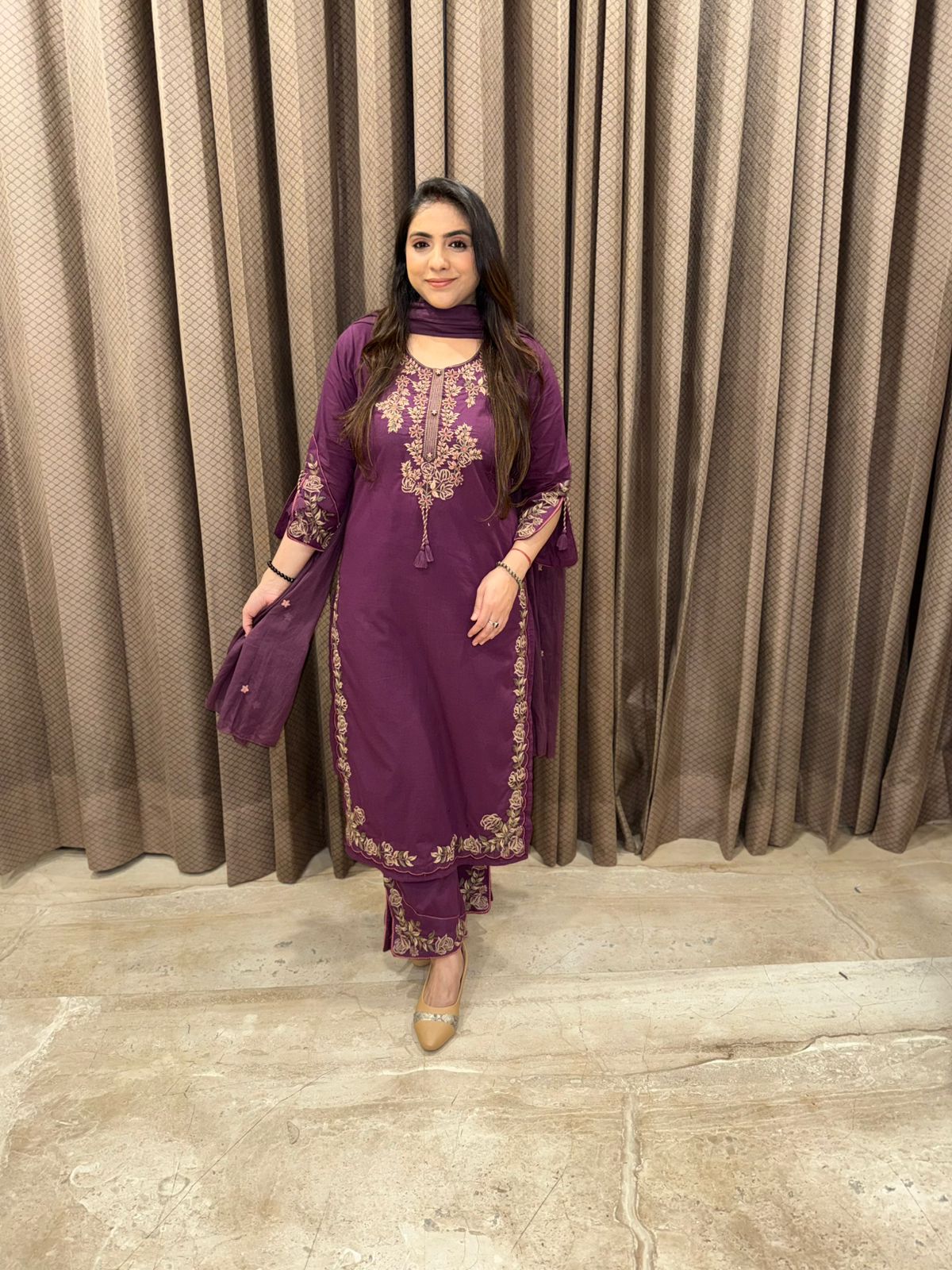 Wine Embroidered Kurta set with Dupatta