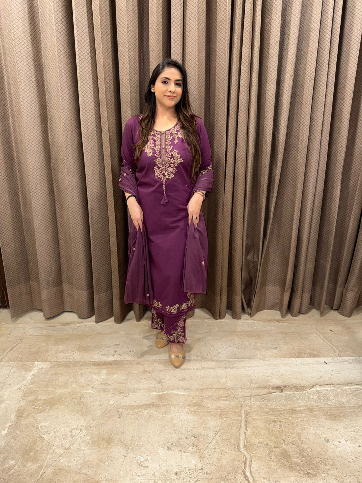 Wine Embroidered Kurta set with Dupatta