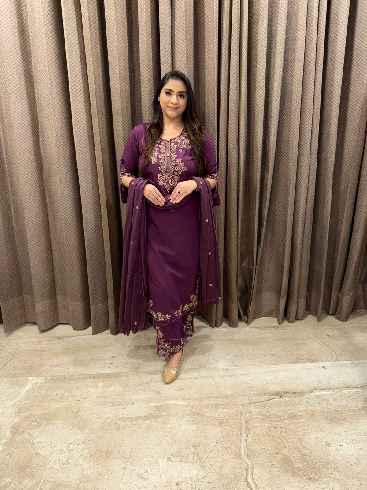Wine Embroidered Kurta set with Dupatta