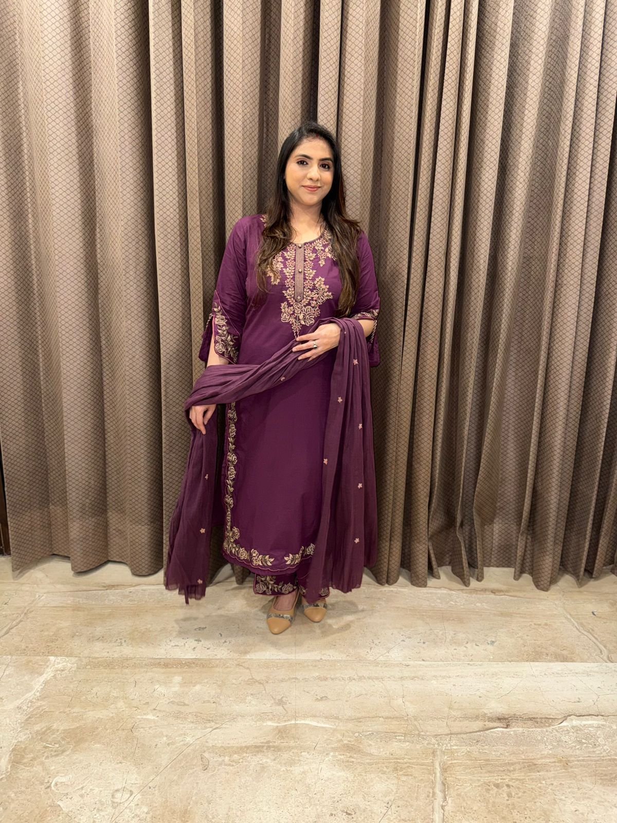 Wine Embroidered Kurta set with Dupatta