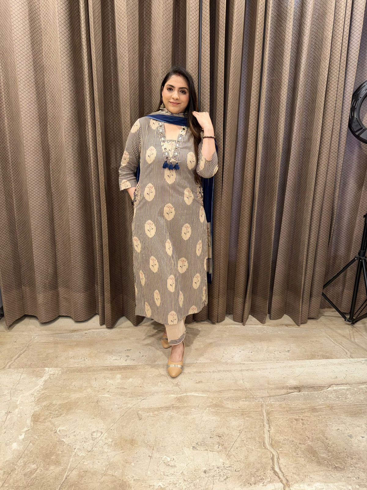 Blue & Beige Stripe Designer Cotton Suit