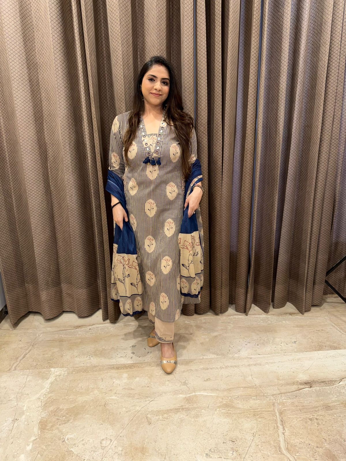 Blue & Beige Stripe Designer Cotton Suit