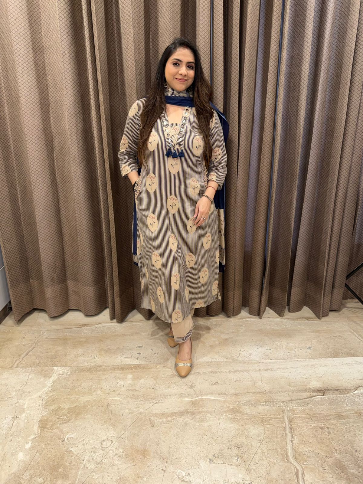 Blue & Beige Stripe Designer Cotton Suit