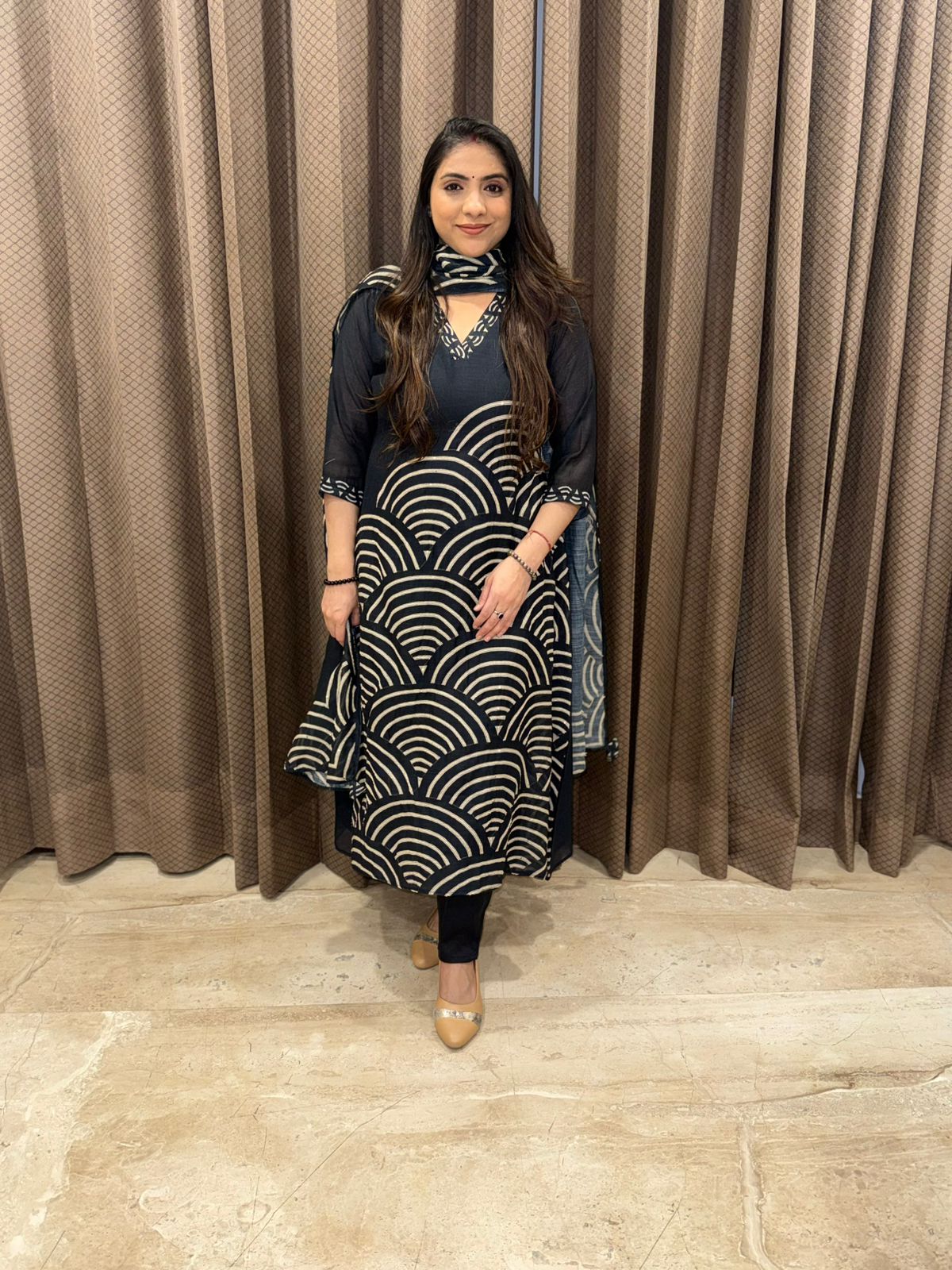 Black geometrical print A-Line Suit with Dupatta