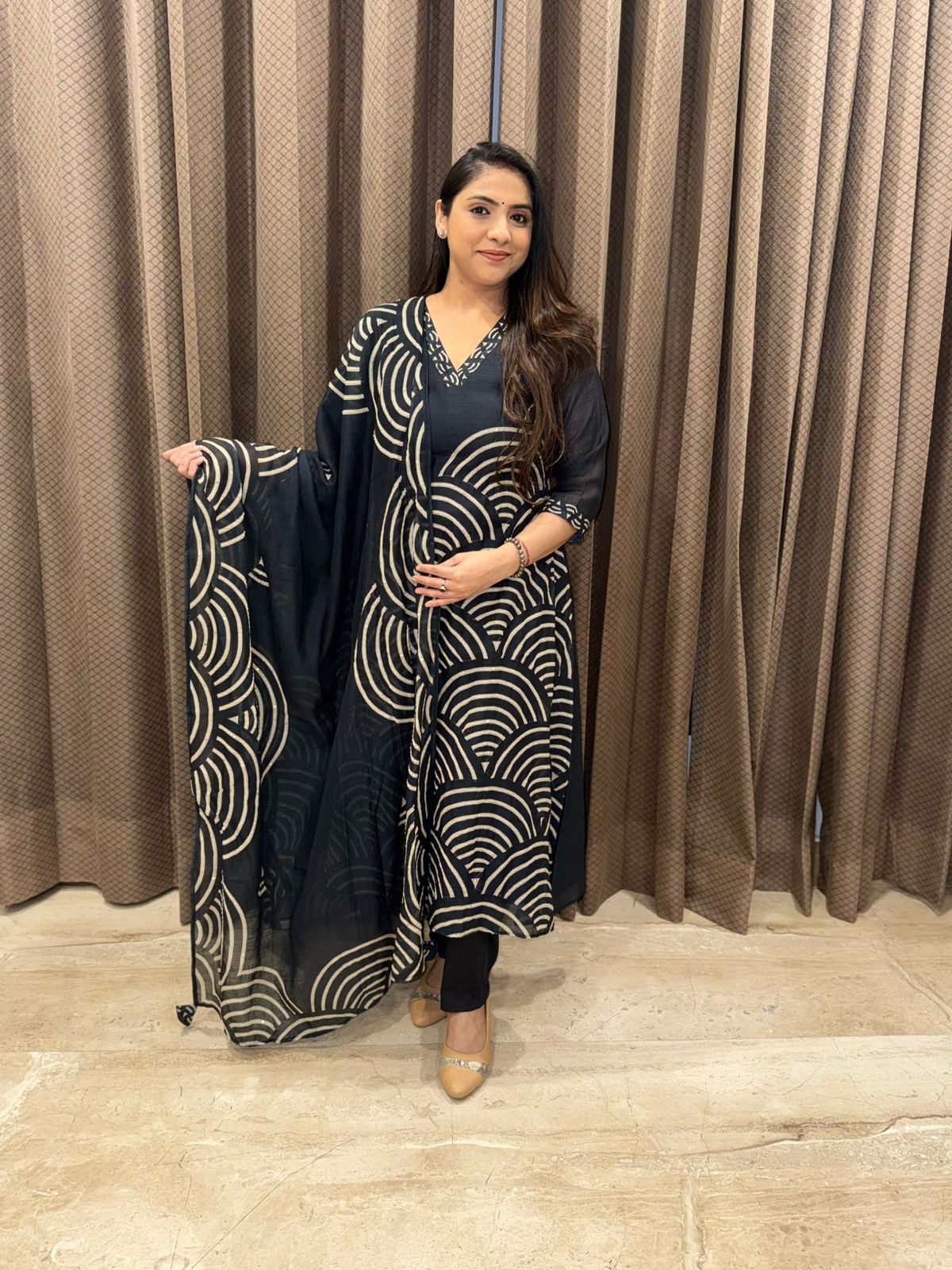 Black geometrical print A-Line Suit with Dupatta