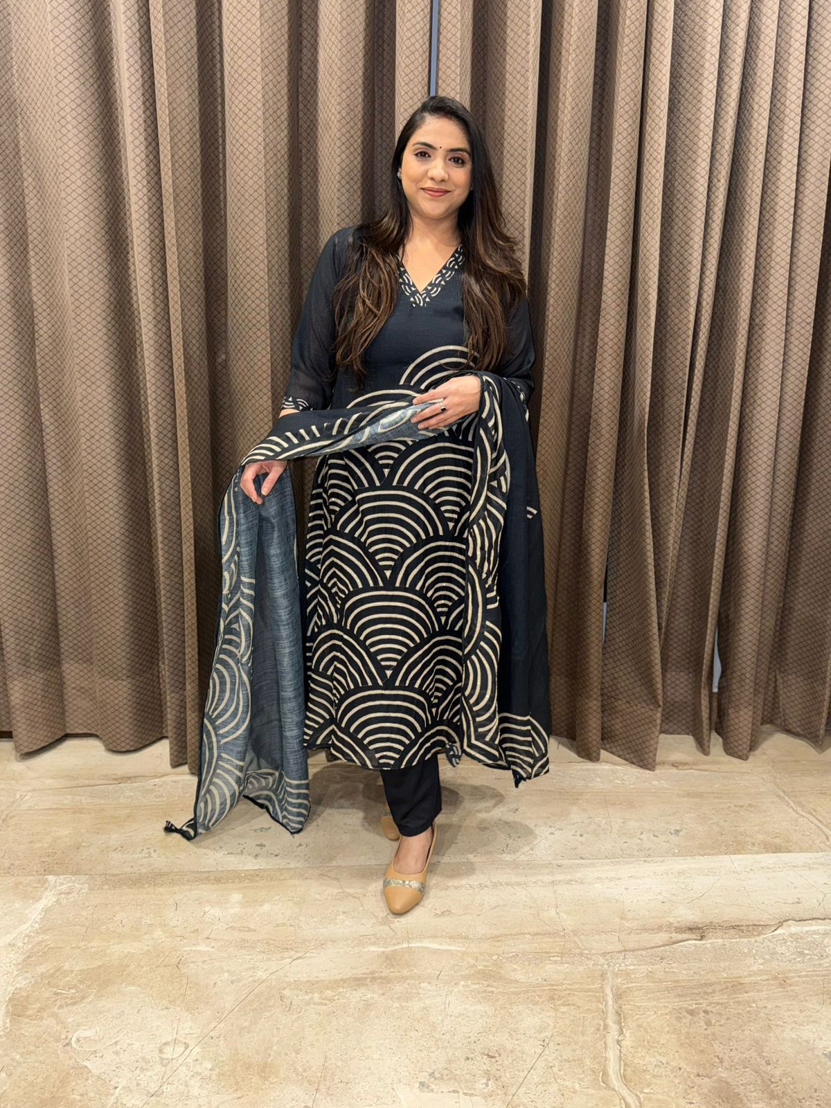 Black geometrical print A-Line Suit with Dupatta