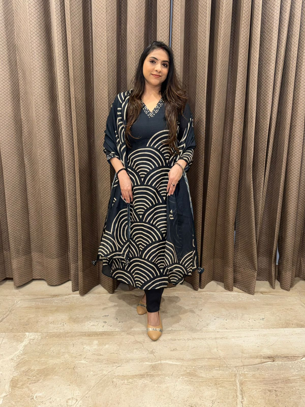 Black geometrical print A-Line Suit with Dupatta