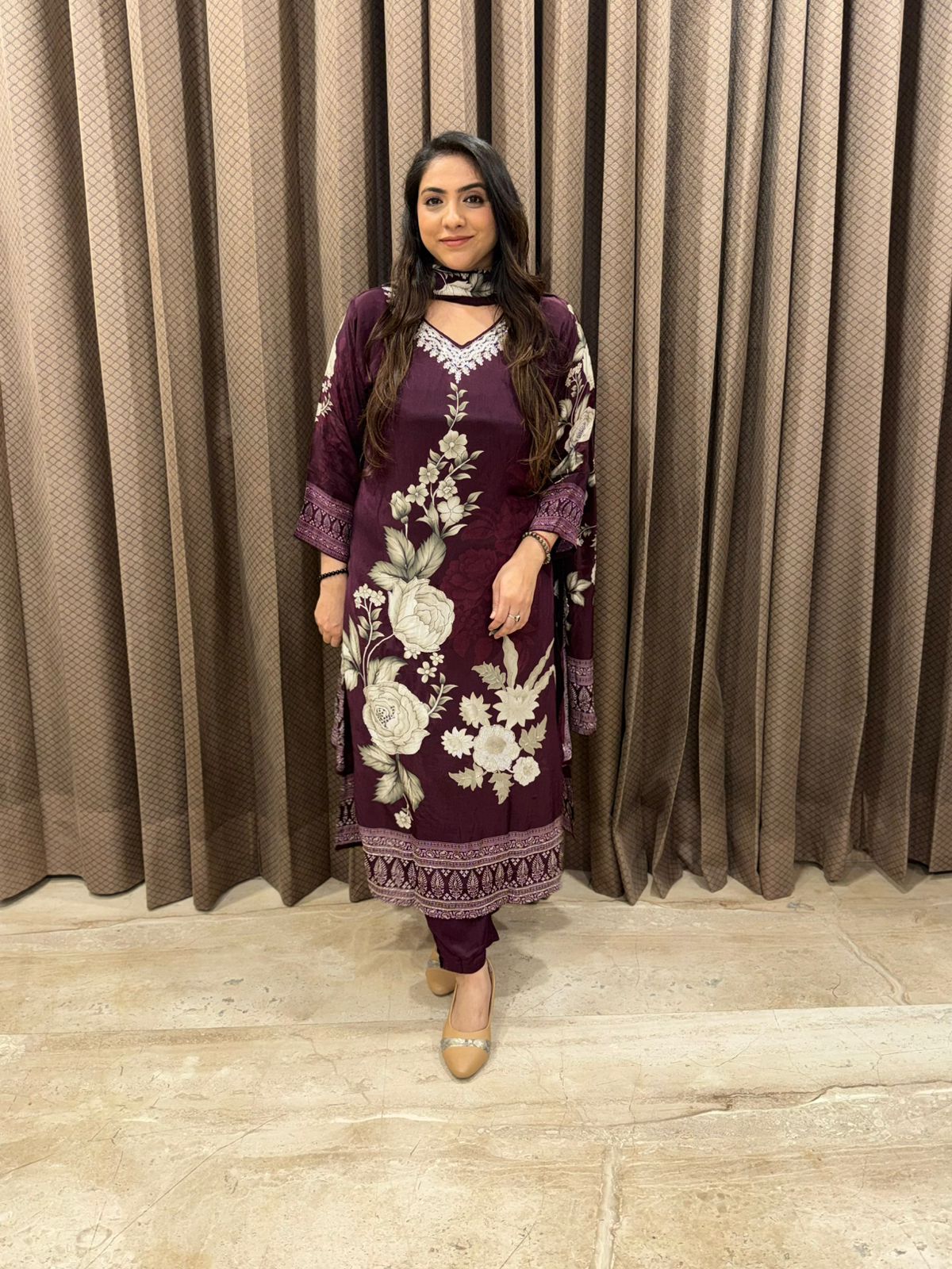 Floral Wine Handwork Kurta Set with Dupatta