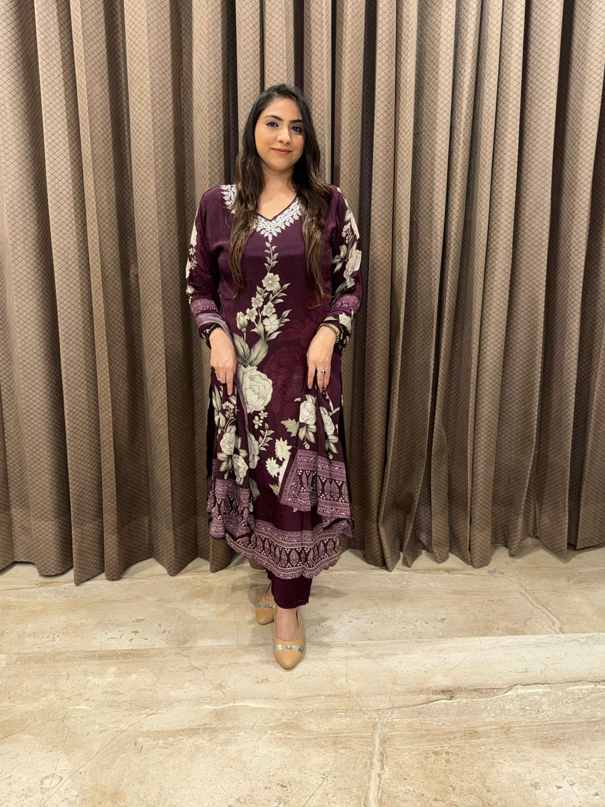 Floral Wine Handwork Kurta Set with Dupatta