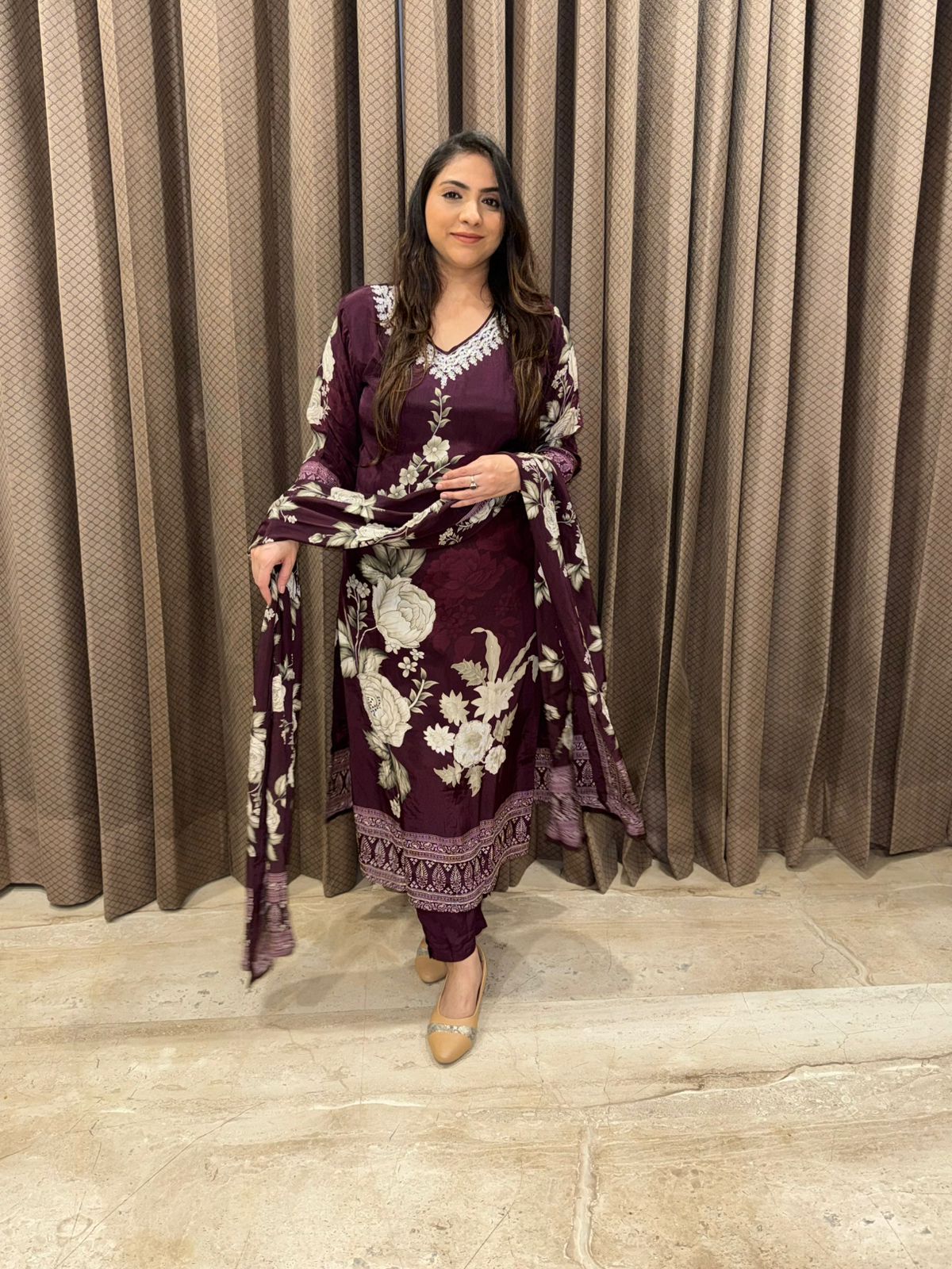 Floral Wine Handwork Kurta Set with Dupatta