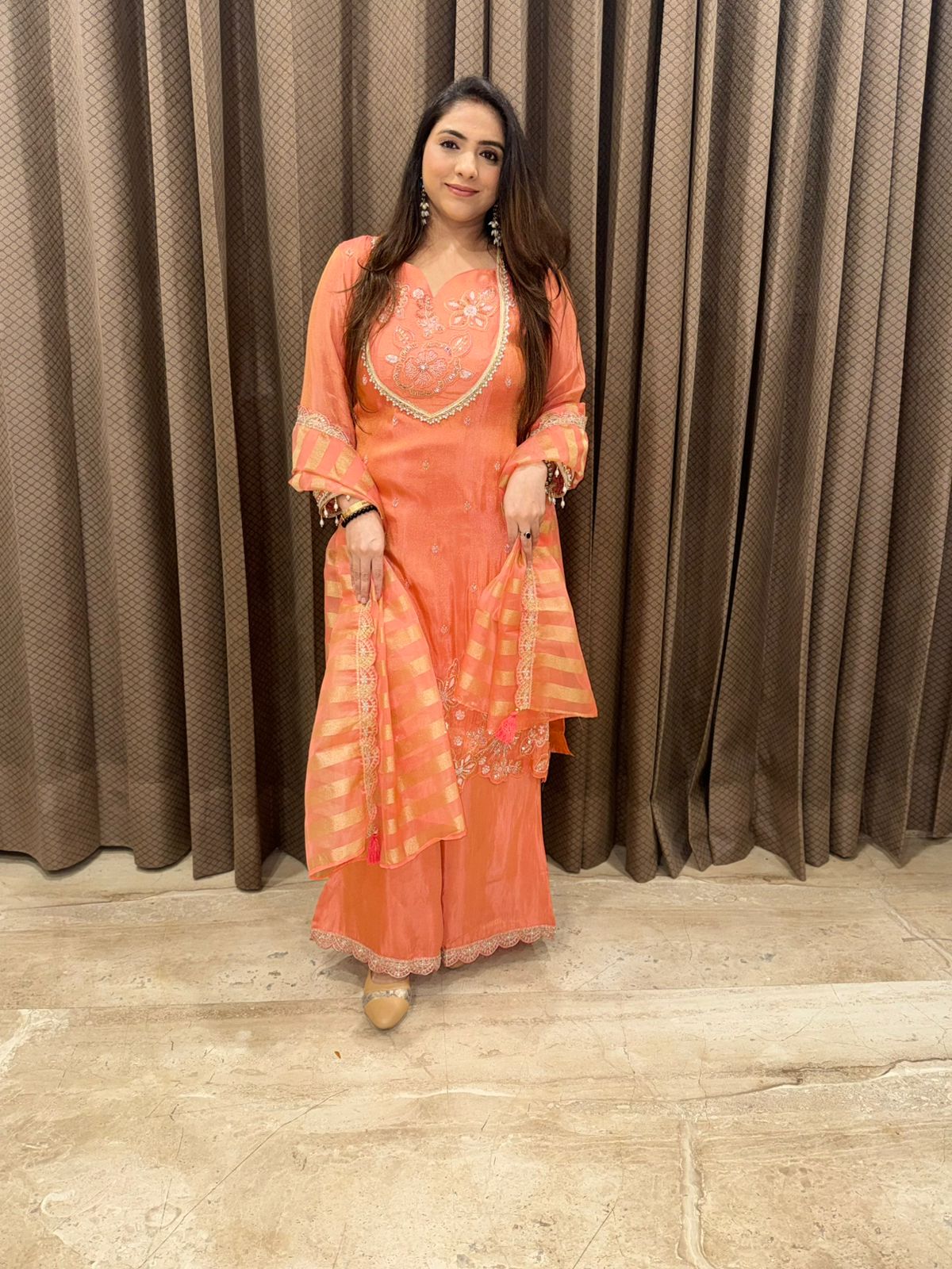 Designer Peach Handwork Palazzo Set with Dupatta