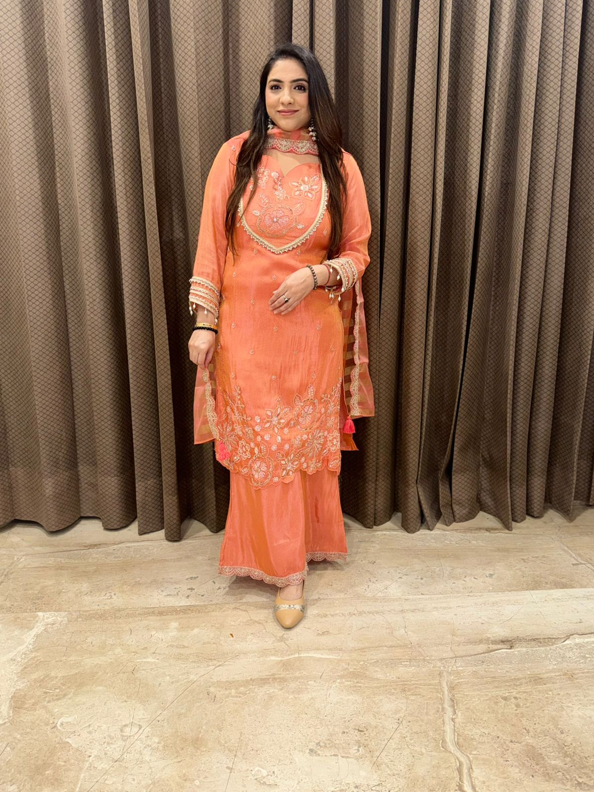 Designer Peach Handwork Palazzo Set with Dupatta