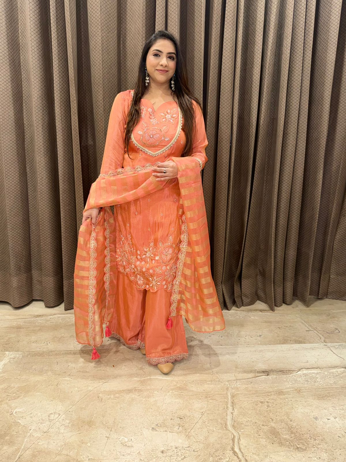 Designer Peach Handwork Palazzo Set with Dupatta