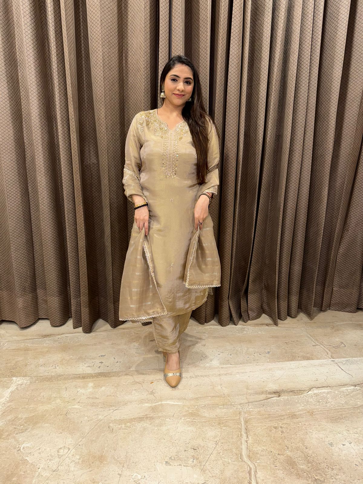 Metallic Handwork Kurta Set with Subtle Gold Embroidery