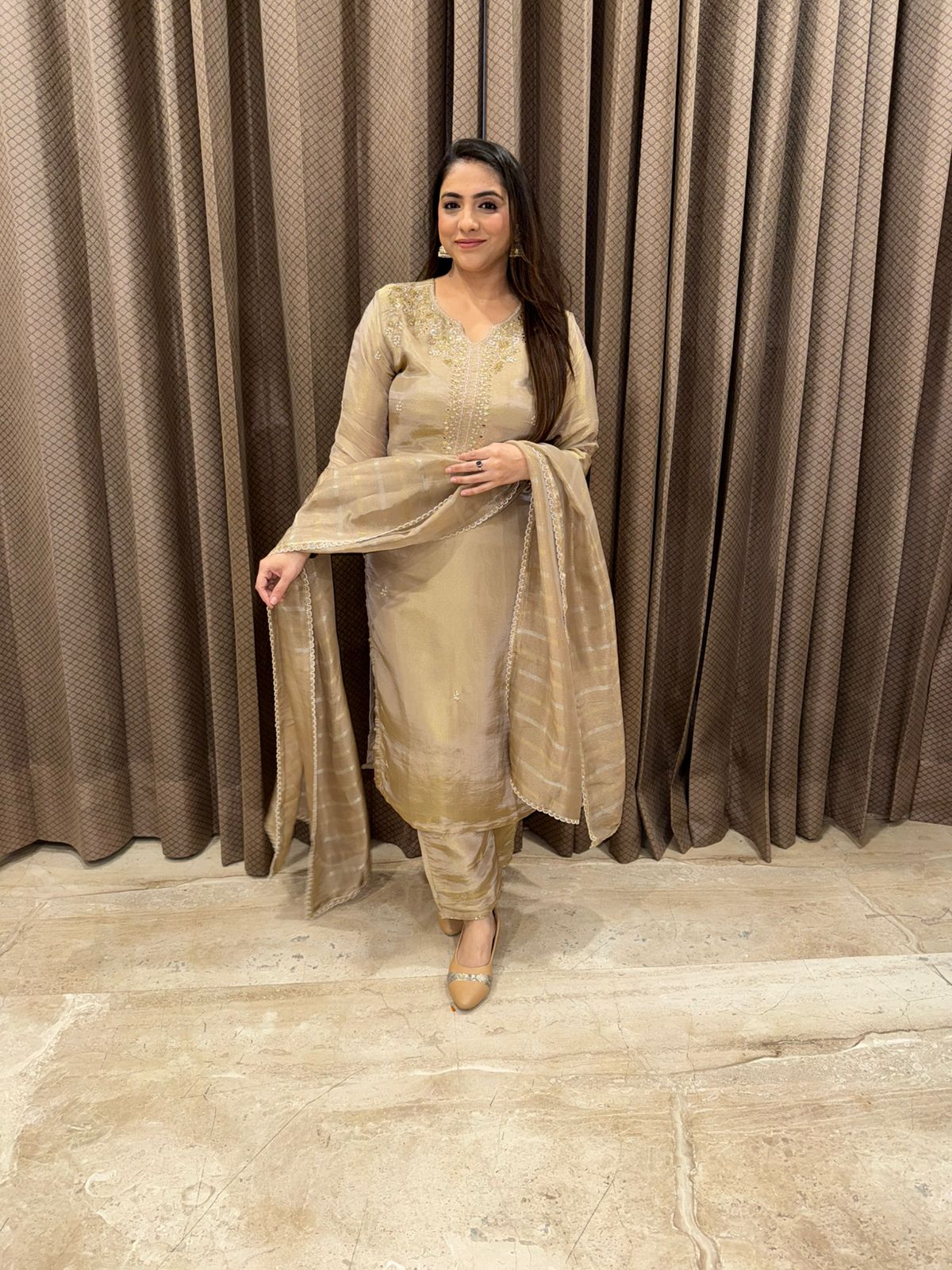 Metallic Handwork Kurta Set with Subtle Gold Embroidery