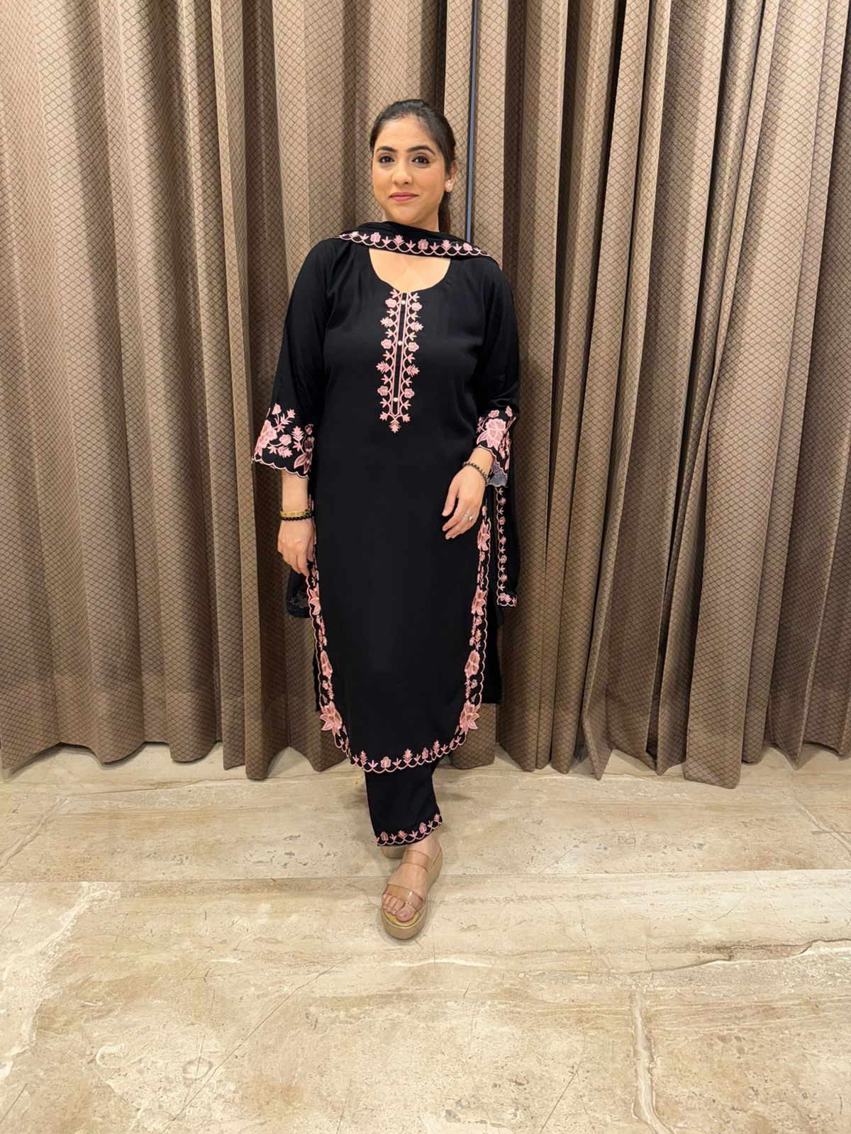 Designer Black Kurta Set with Light Pink Floral Work