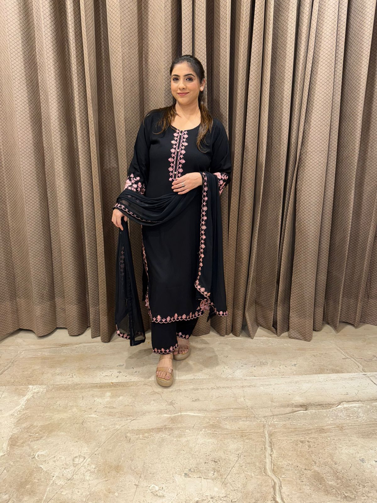 Designer Black Kurta Set with Light Pink Floral Work