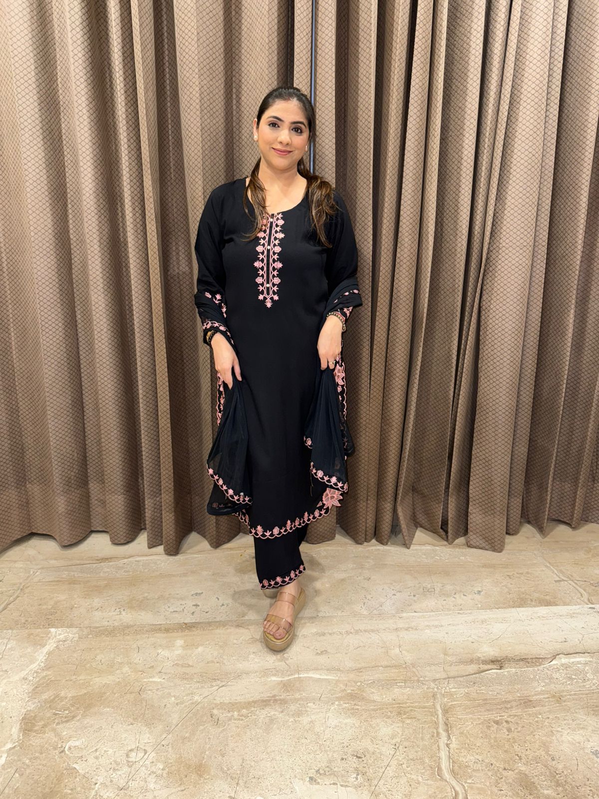 Designer Black Kurta Set with Light Pink Floral Work
