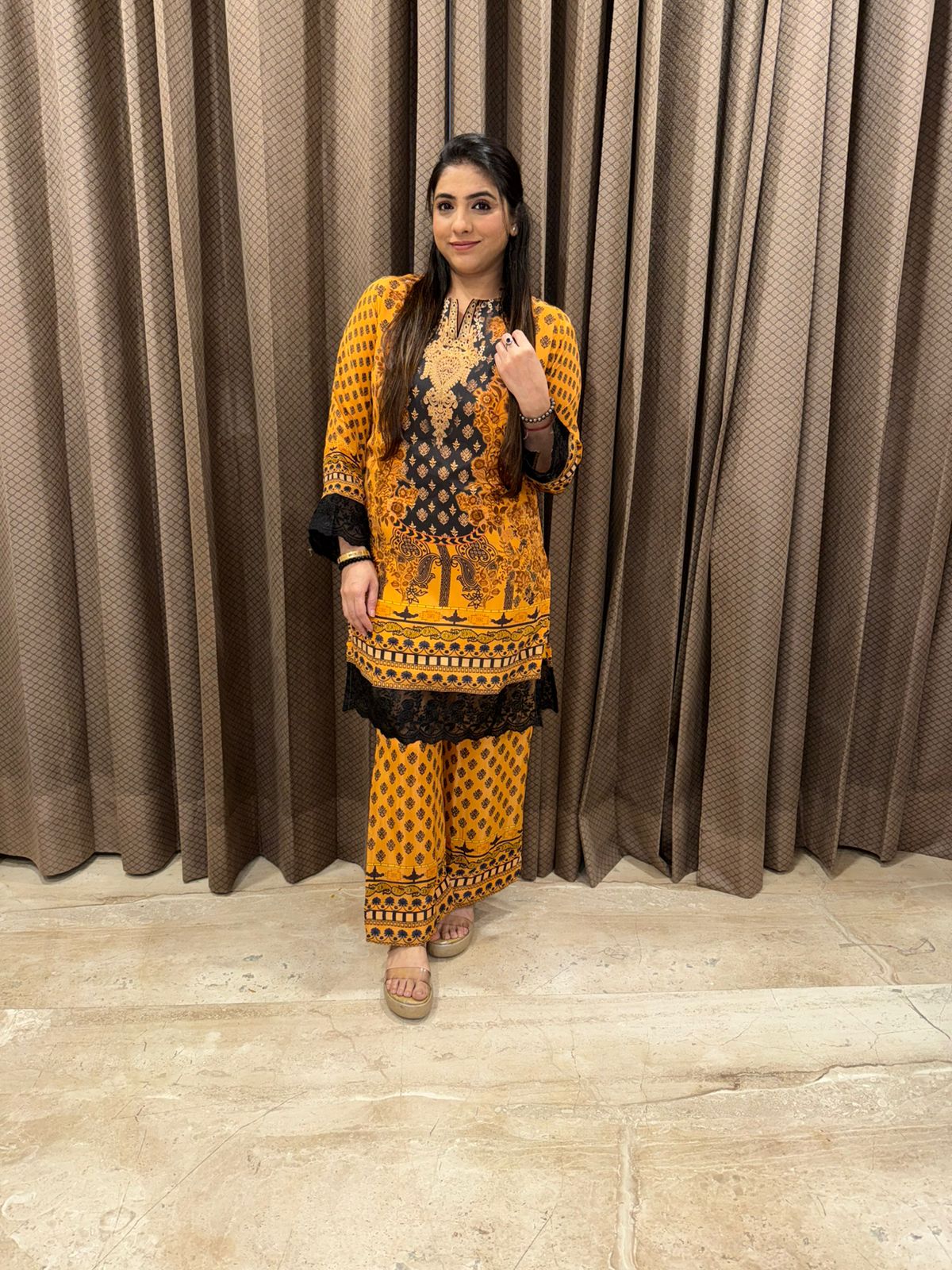 Stylish Mustard Yellow Digital Co-ord set with Lace Detailing