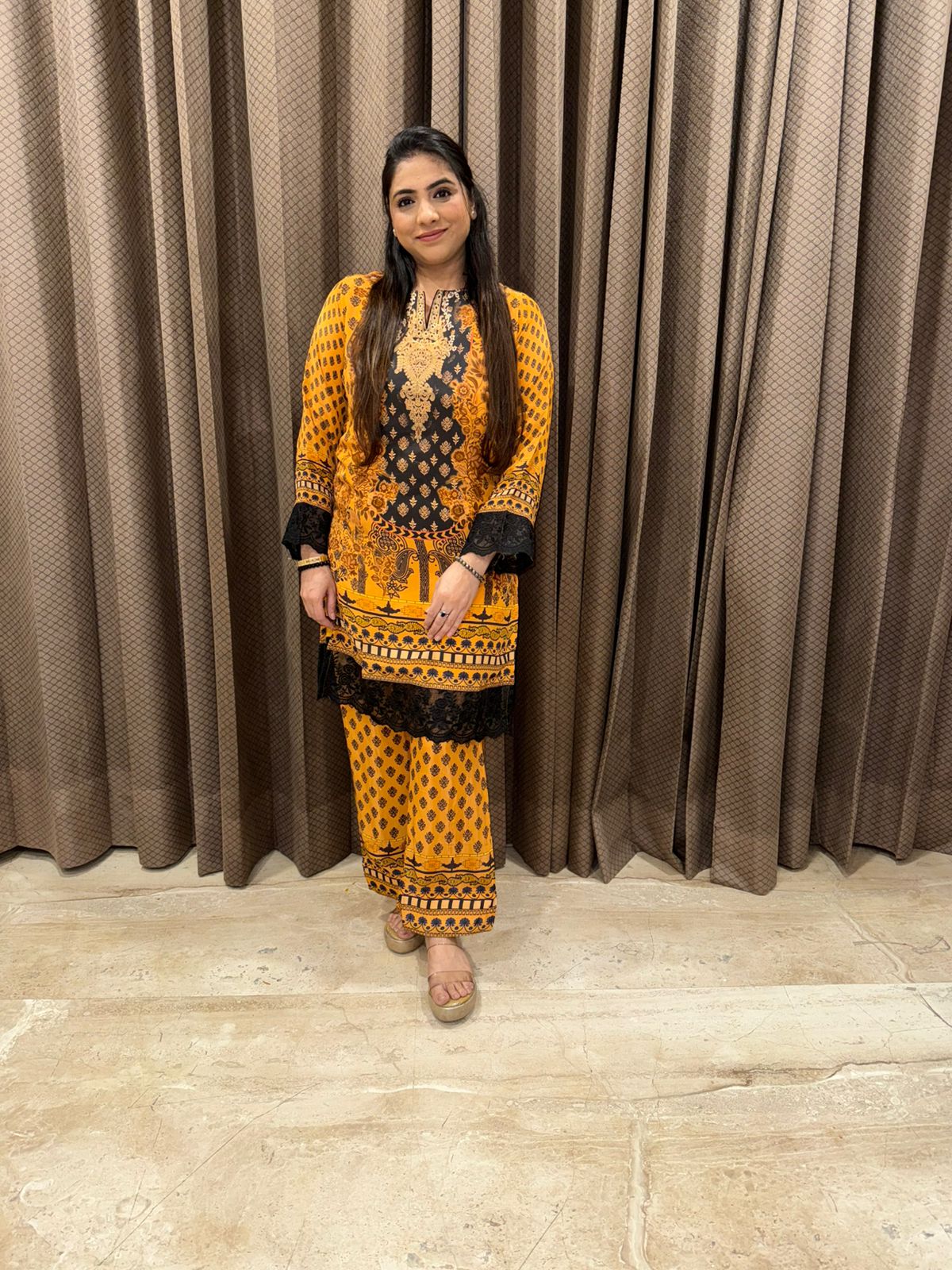 Stylish Mustard Yellow Digital Co-ord set with Lace Detailing