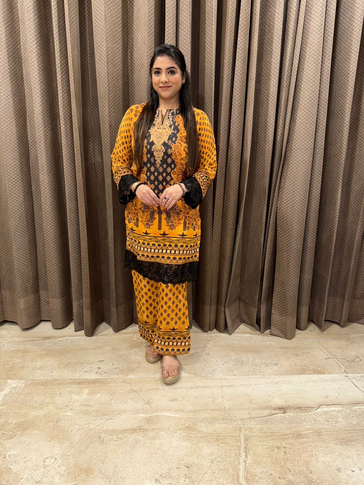 Stylish Mustard Yellow Digital Co-ord set with Lace Detailing