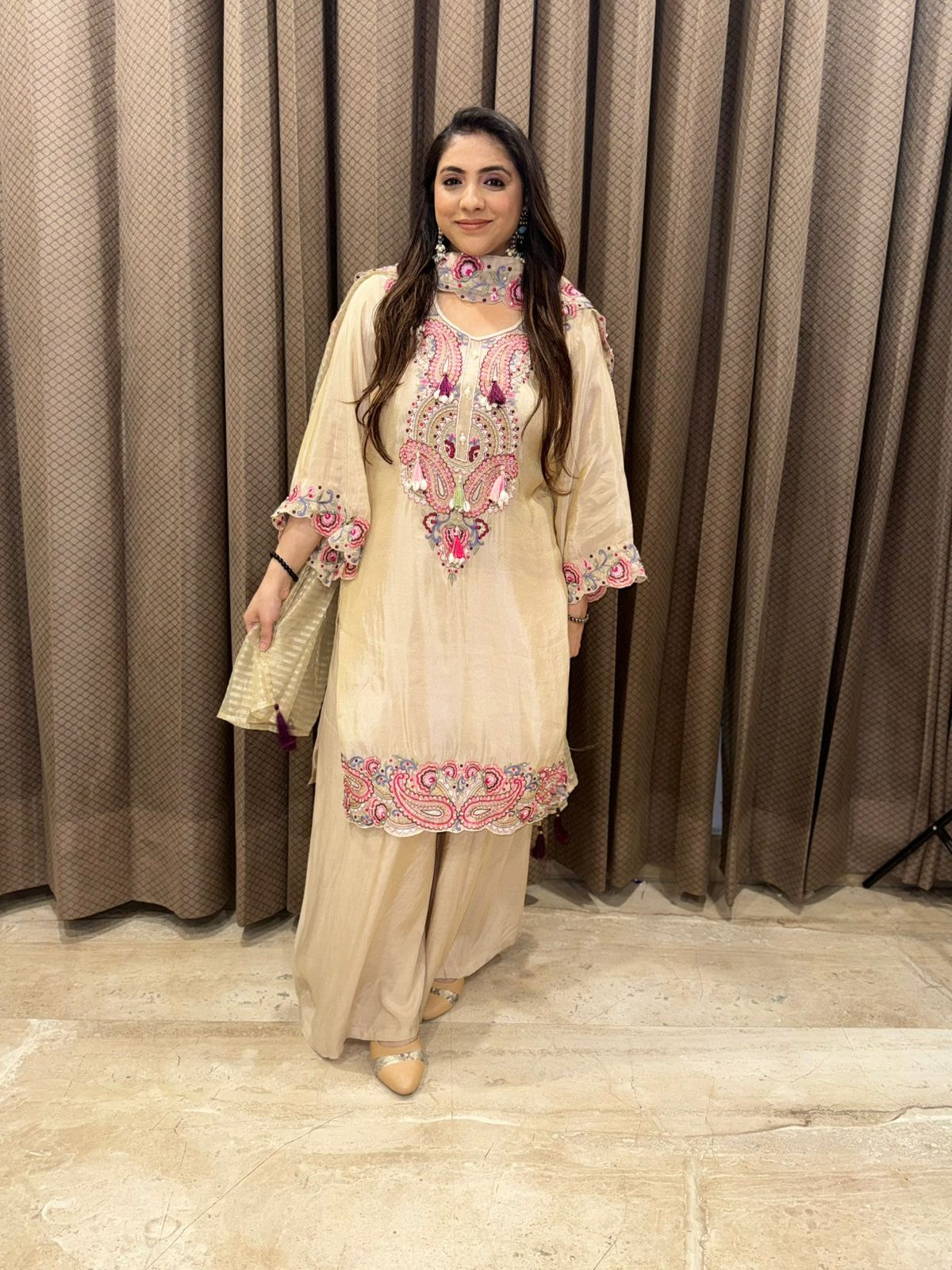 Beige Embroidered Kurta Set with Multicolour Threadwork & Tassel Detailing