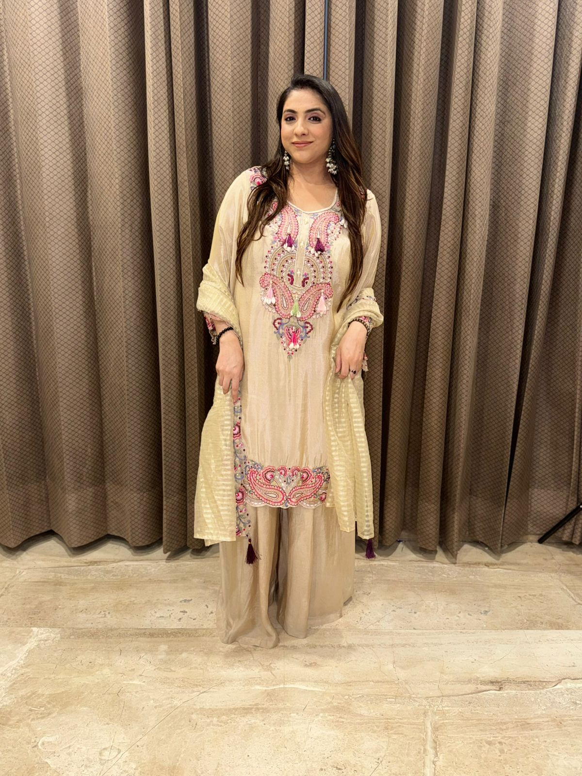 Beige Embroidered Kurta Set with Multicolour Threadwork & Tassel Detailing