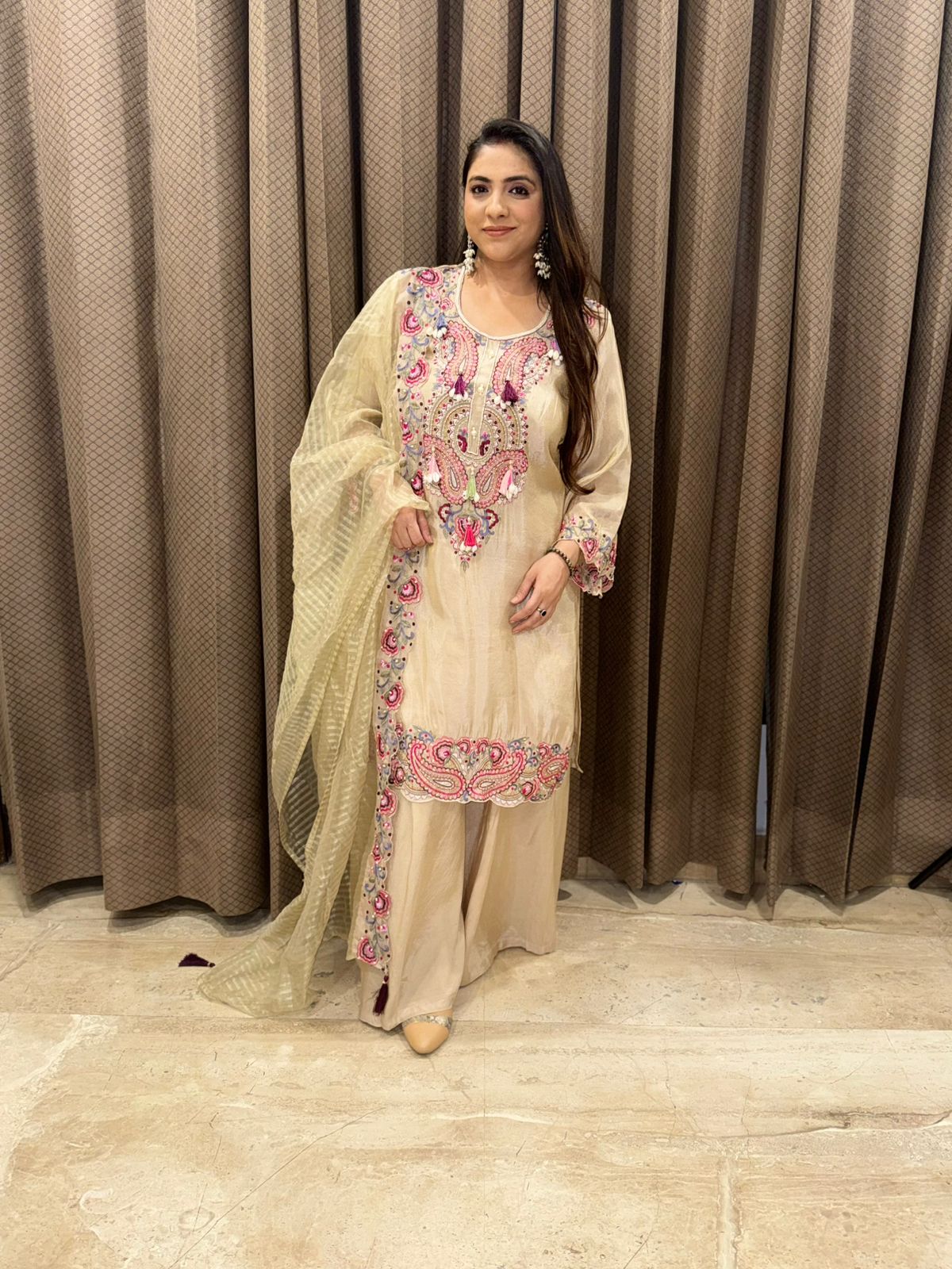 Beige Embroidered Kurta Set with Multicolour Threadwork & Tassel Detailing