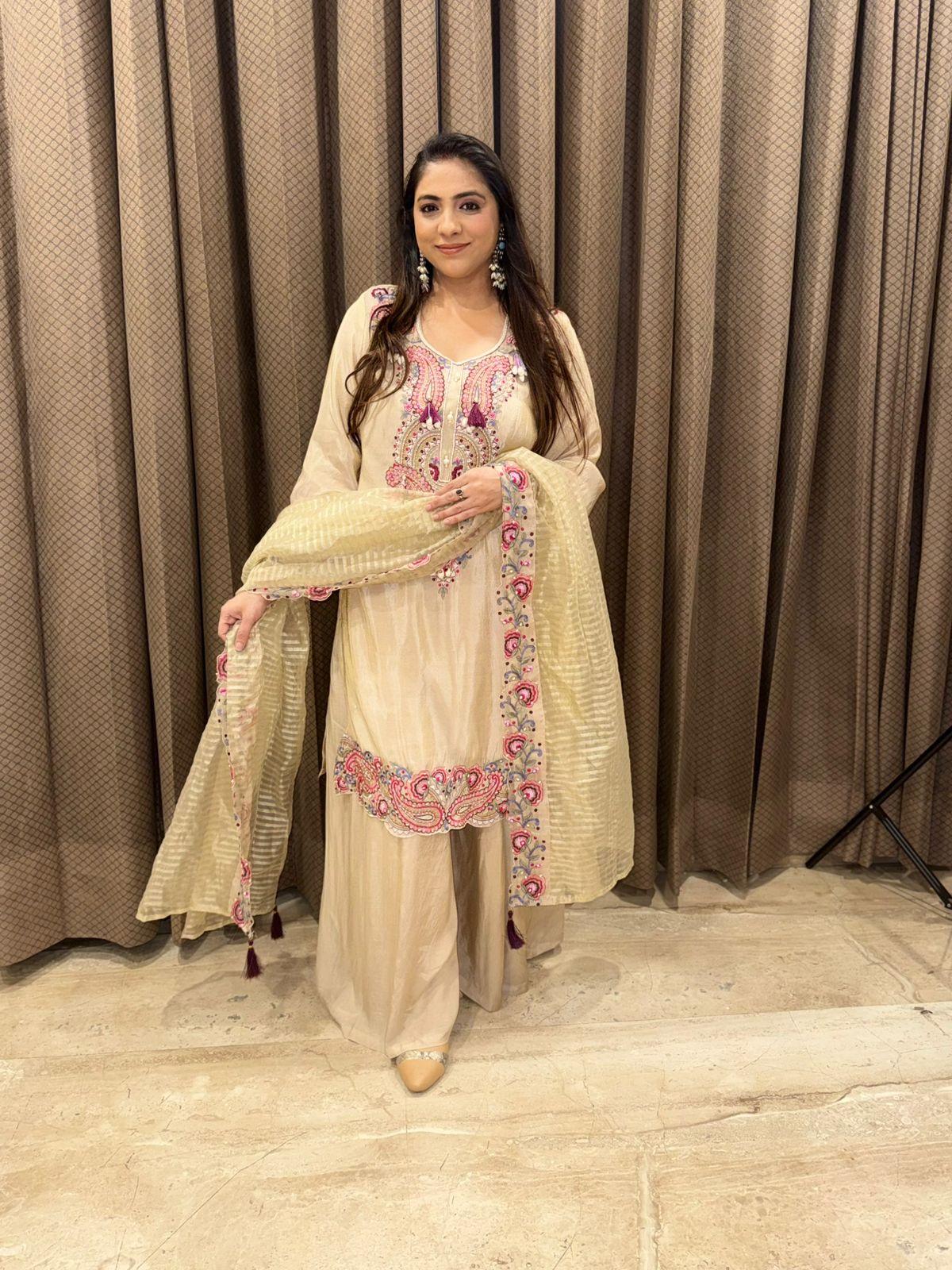 Beige Embroidered Kurta Set with Multicolour Threadwork & Tassel Detailing