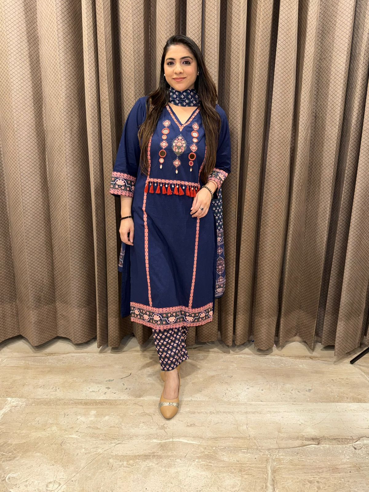 Navy Blue Printed Cotton suit with Dupatta