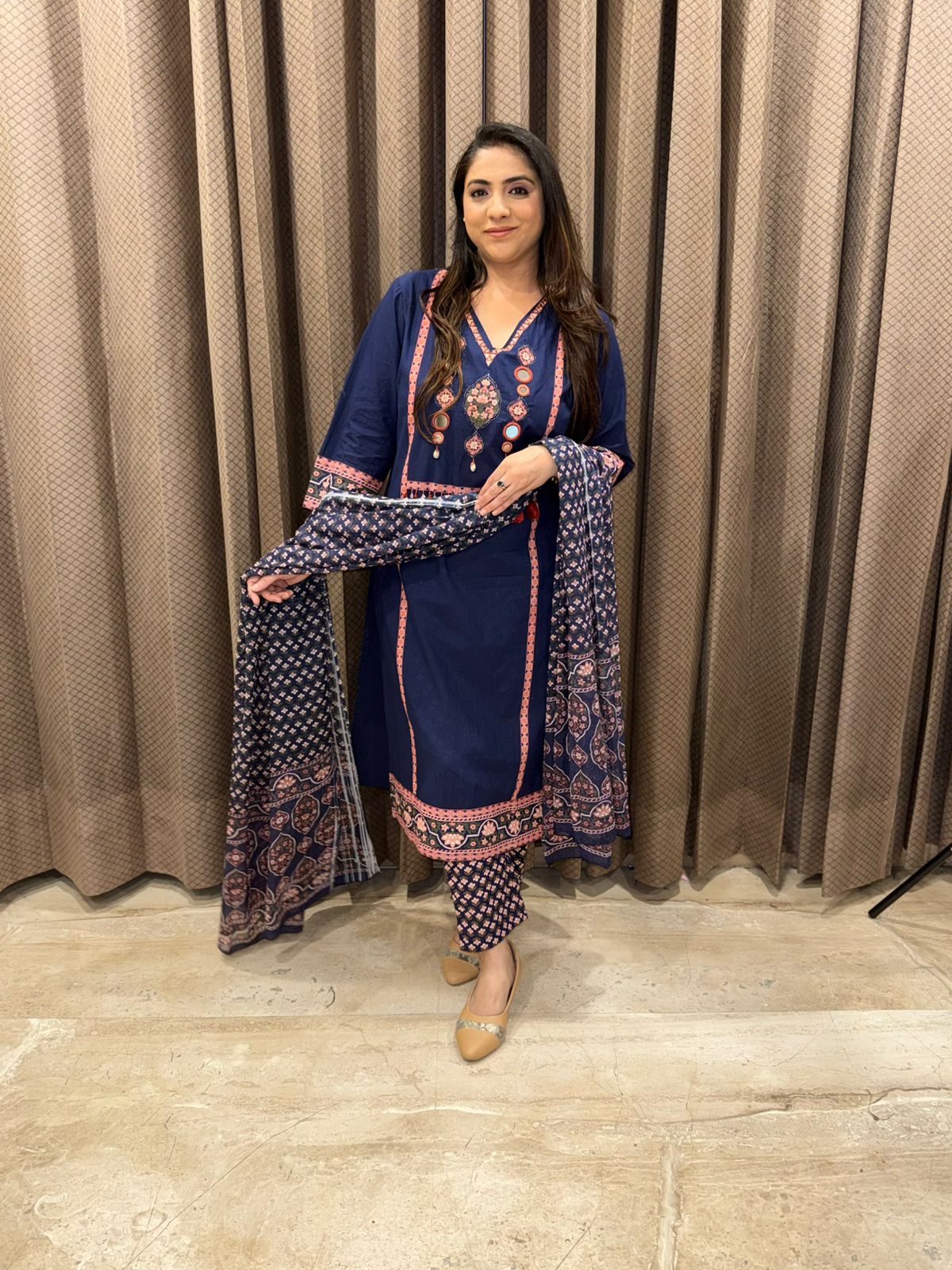 Navy Blue Printed Cotton suit with Dupatta