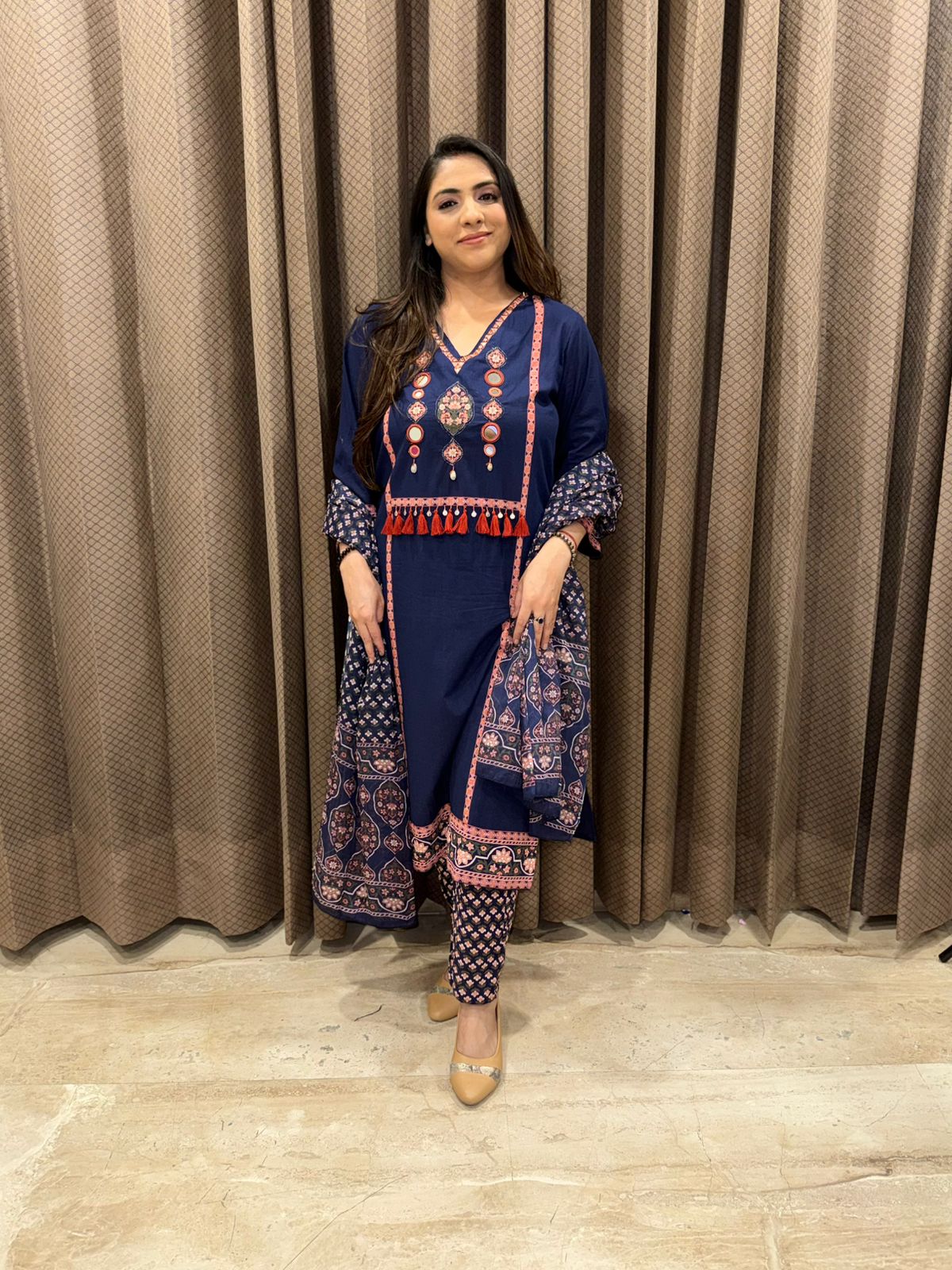 Navy Blue Printed Cotton suit with Dupatta