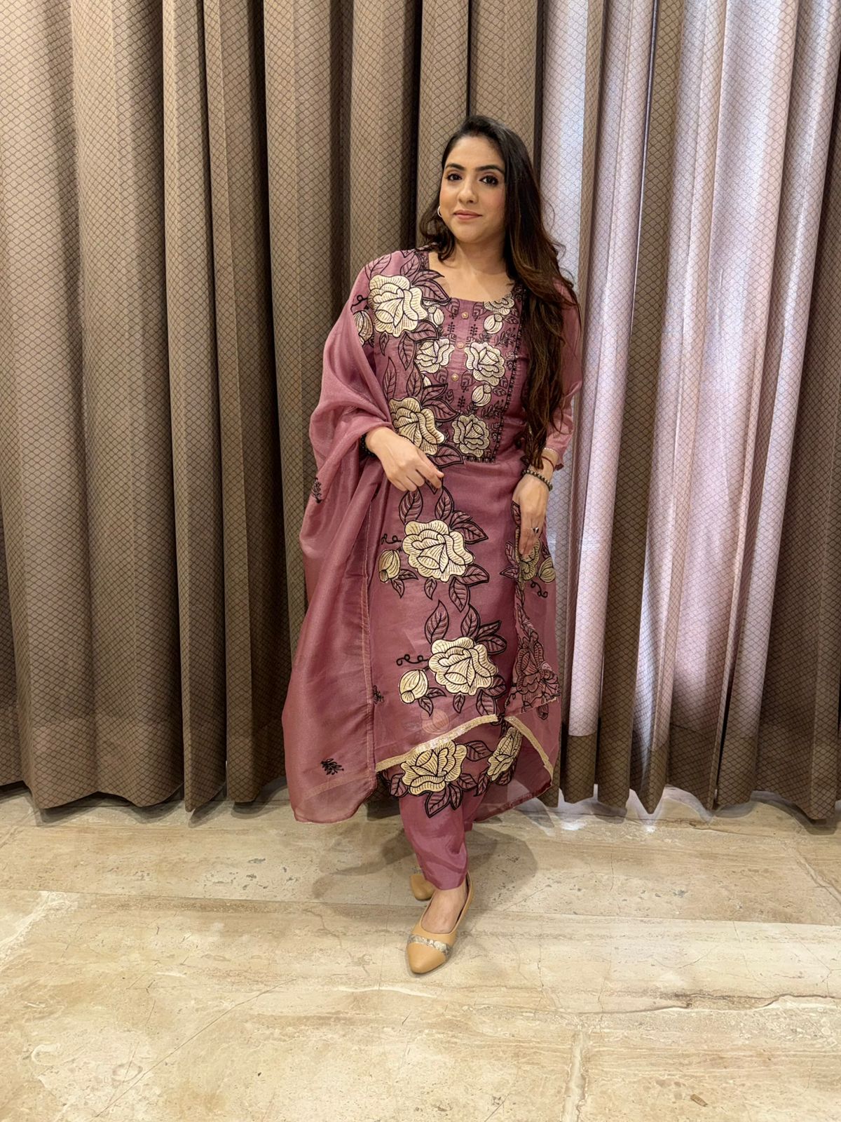 Mauve Floral Applique work Kurta set with Dupatta